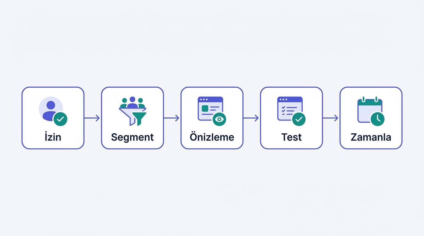 İzin, segmentasyon, önizleme, test ve zamanlama adımlarını gösteren mesaj hazırlama akışı