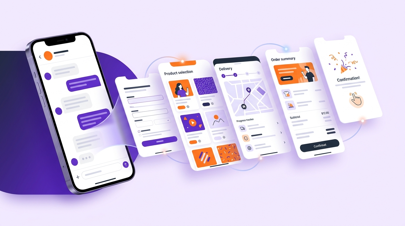 WhatsApp sohbet içi WebApp ile form, ürün seçici ve sipariş akışını gösteren kapak görseli