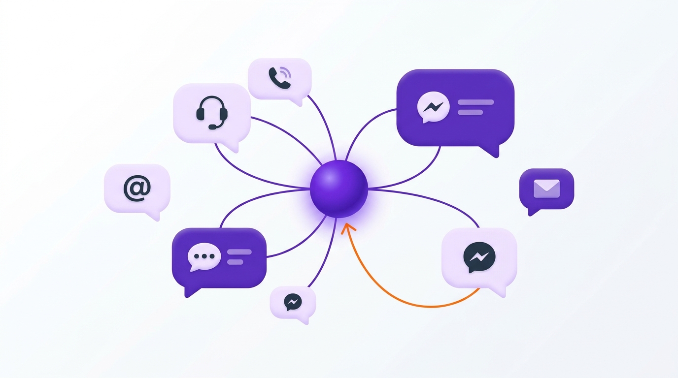 Multiple communication channels connected to one customer identity, with an orange line looping back as a repeat contact