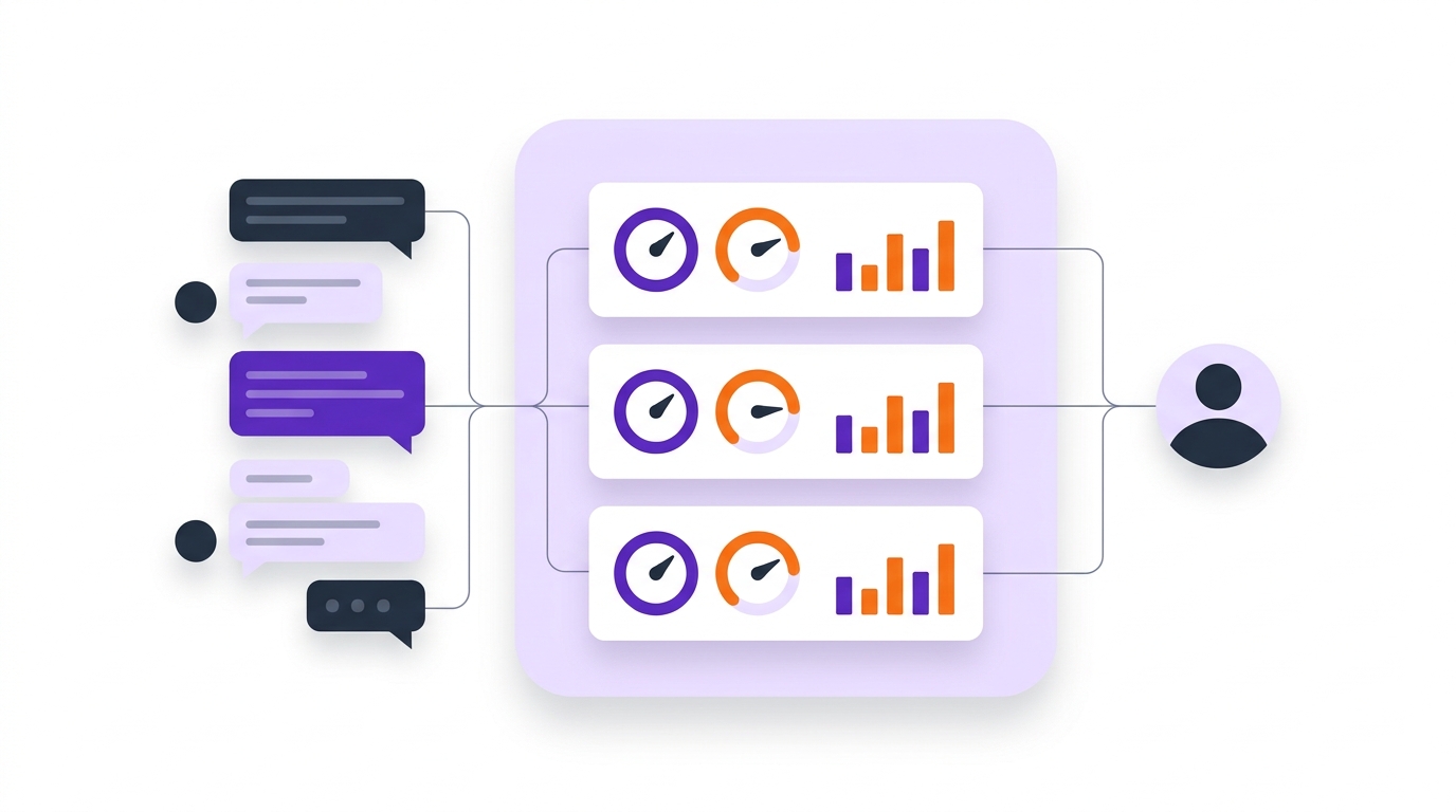Abstract illustration of a multi-channel customer service panel with a conversation list, quality score cards and a human reviewer