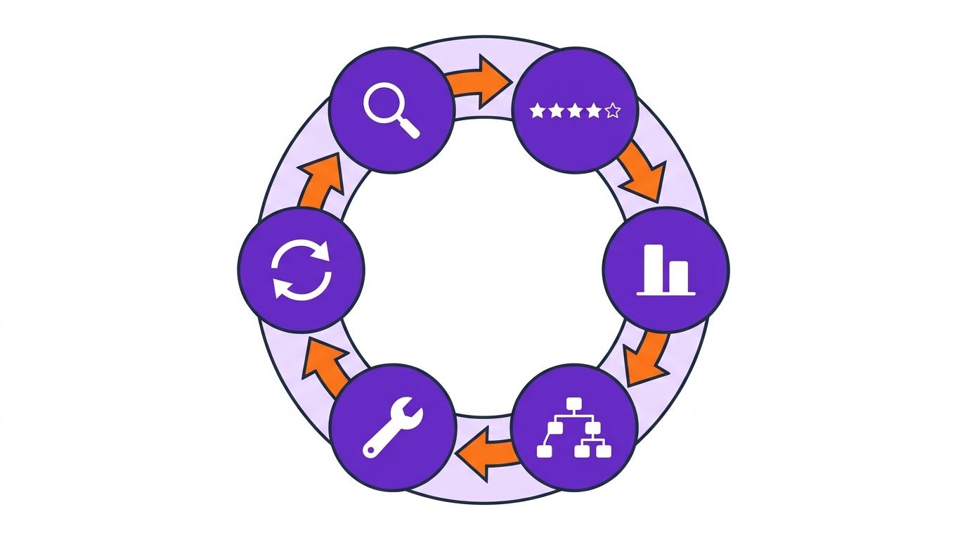 Circular diagram of the weekly quality loop: sample, score, compare, root cause, fix and regression test