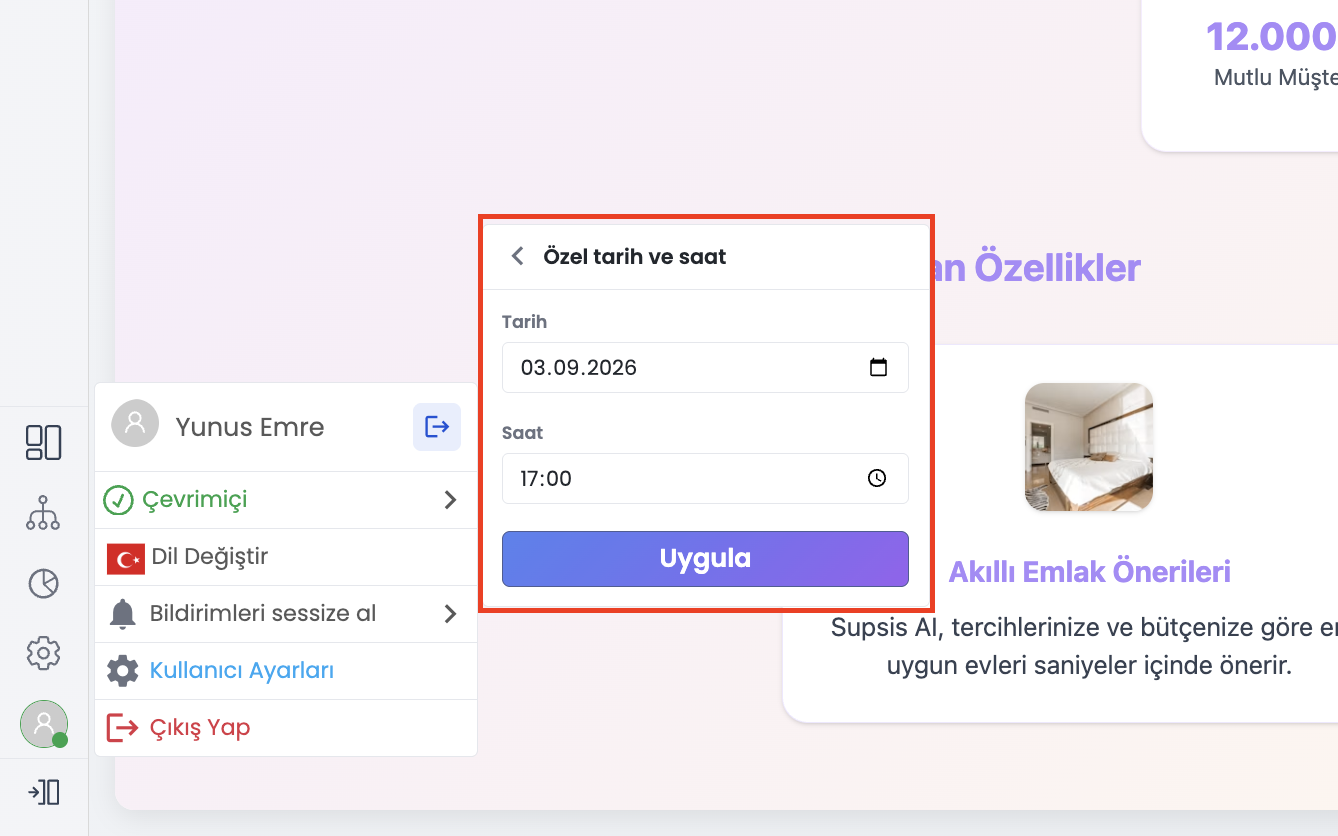 Bildirimleri Sessize Alma Özel Tarih ve Saat Ayarlama Ekranı