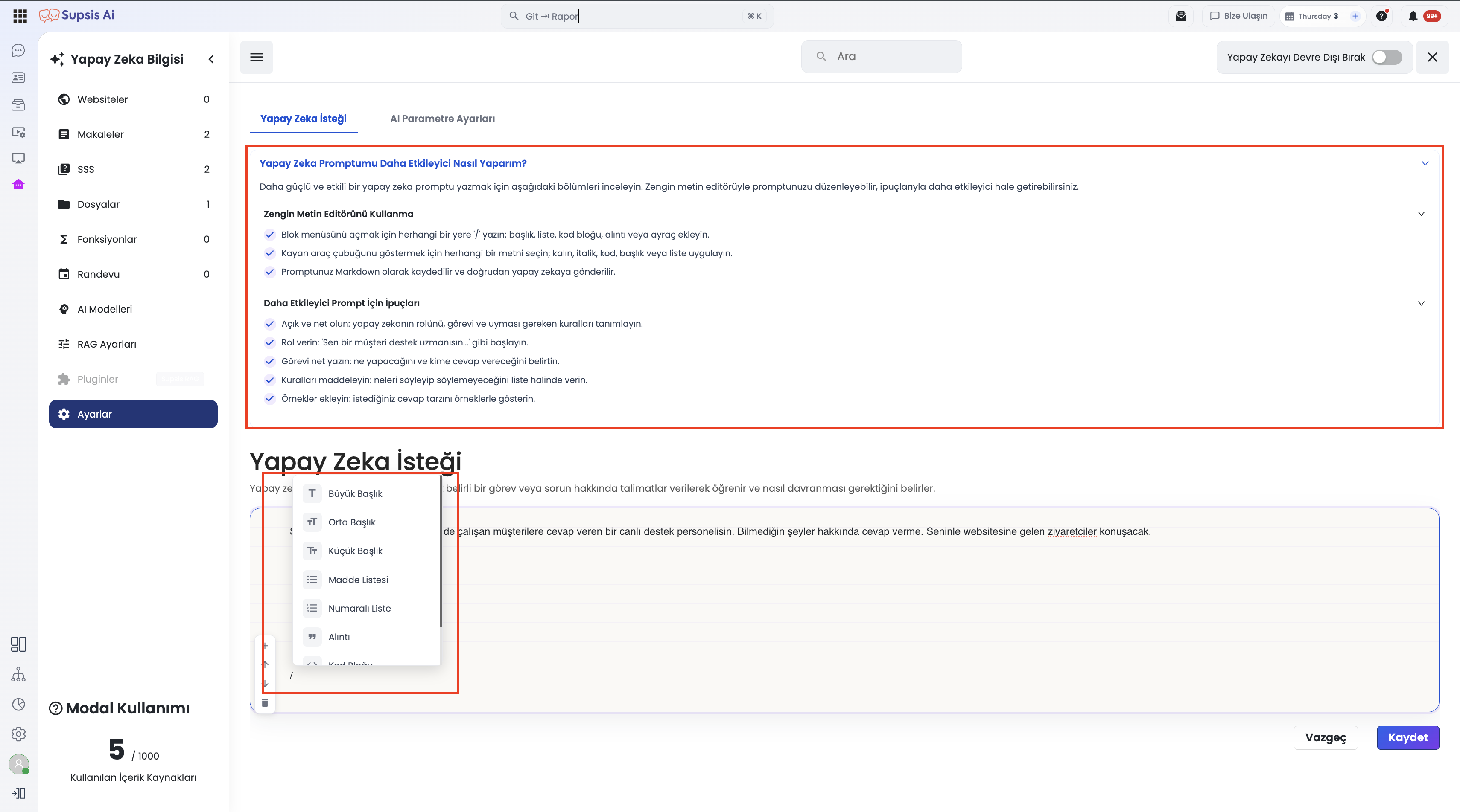 Chatbot AI Prompt Notion Editörü Slash Menüsü ve Yardım Paneli