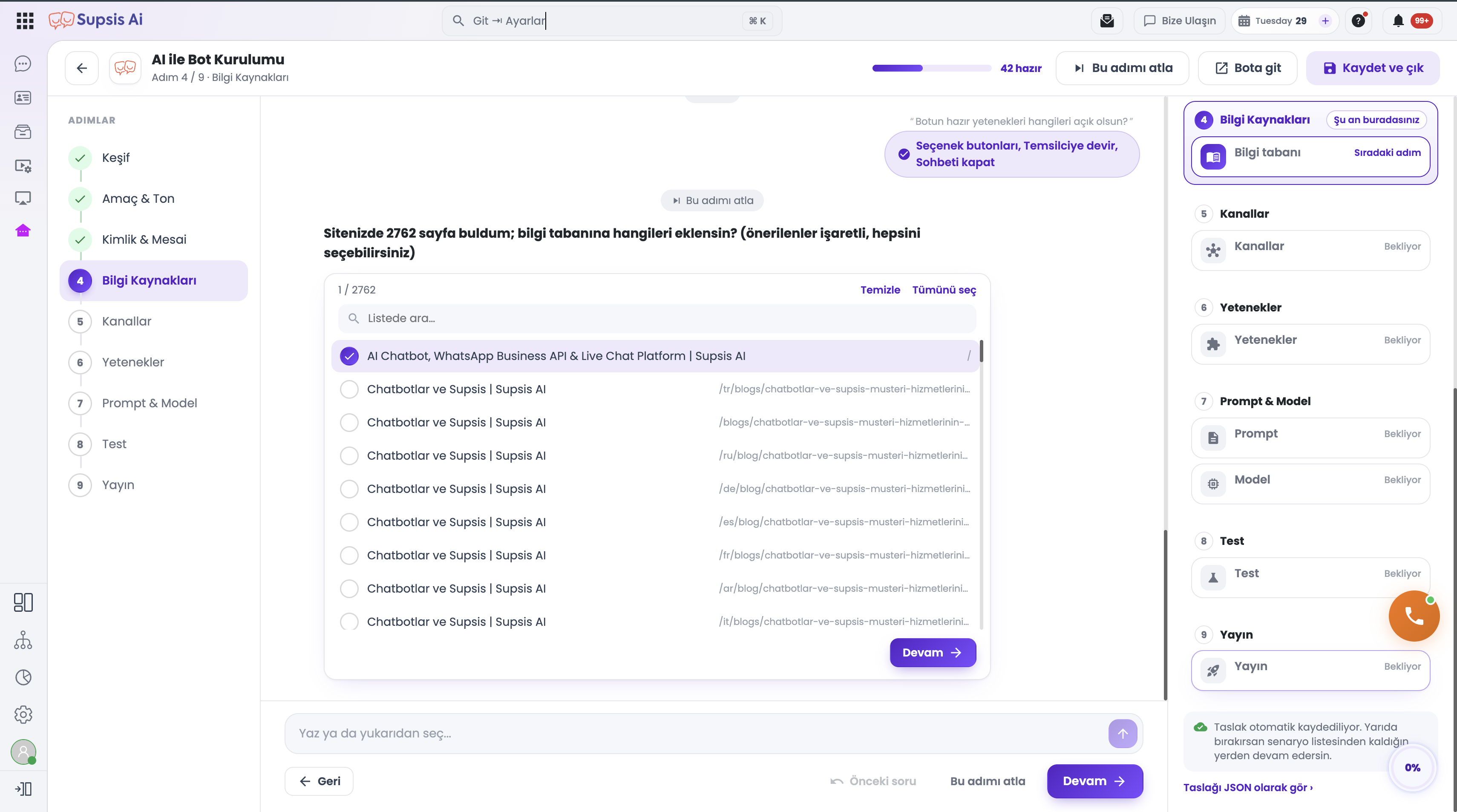 Bilgi kaynakları — site sayfaları listesi ve eğitim