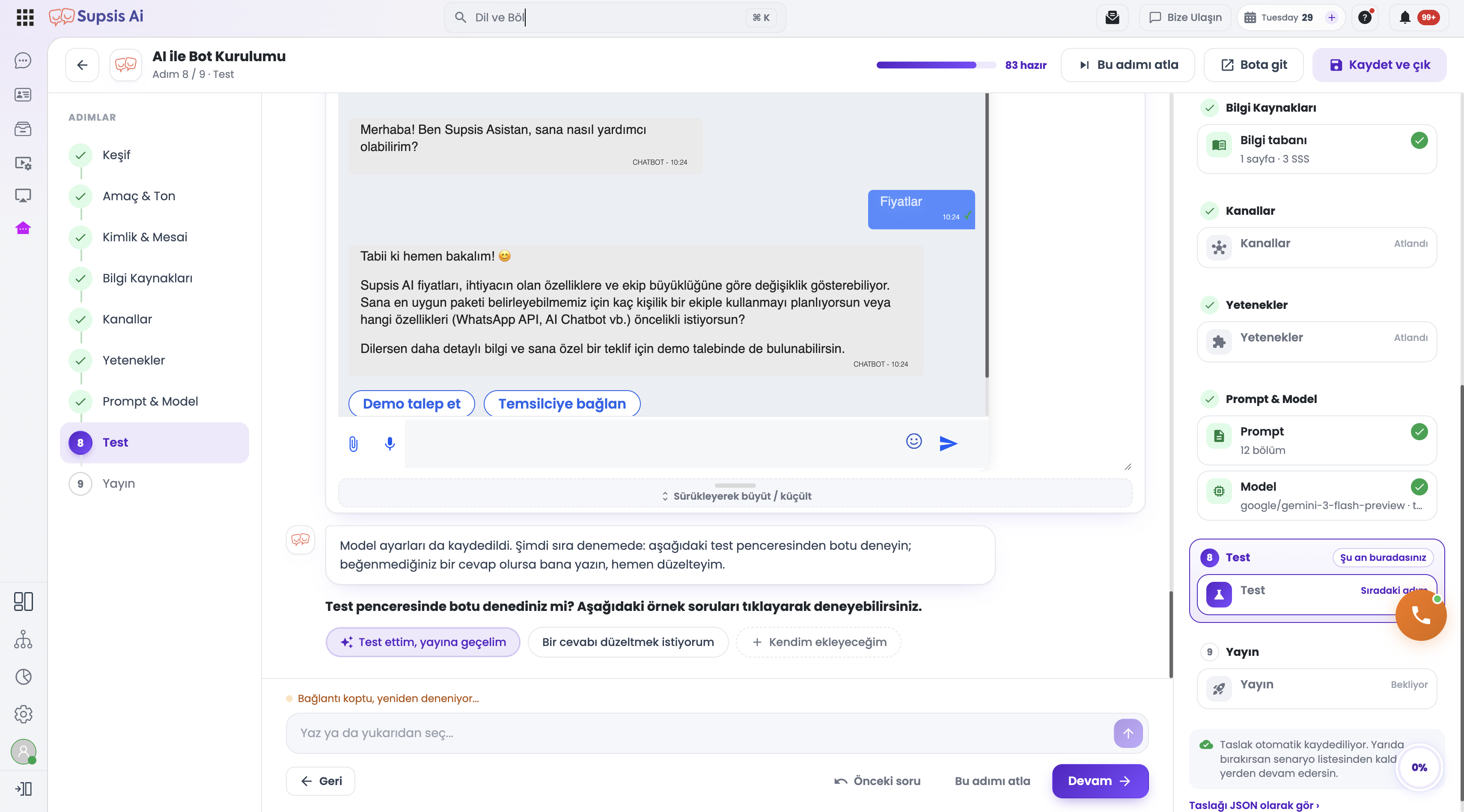Test adımı — bot test penceresi ve örnek sorular