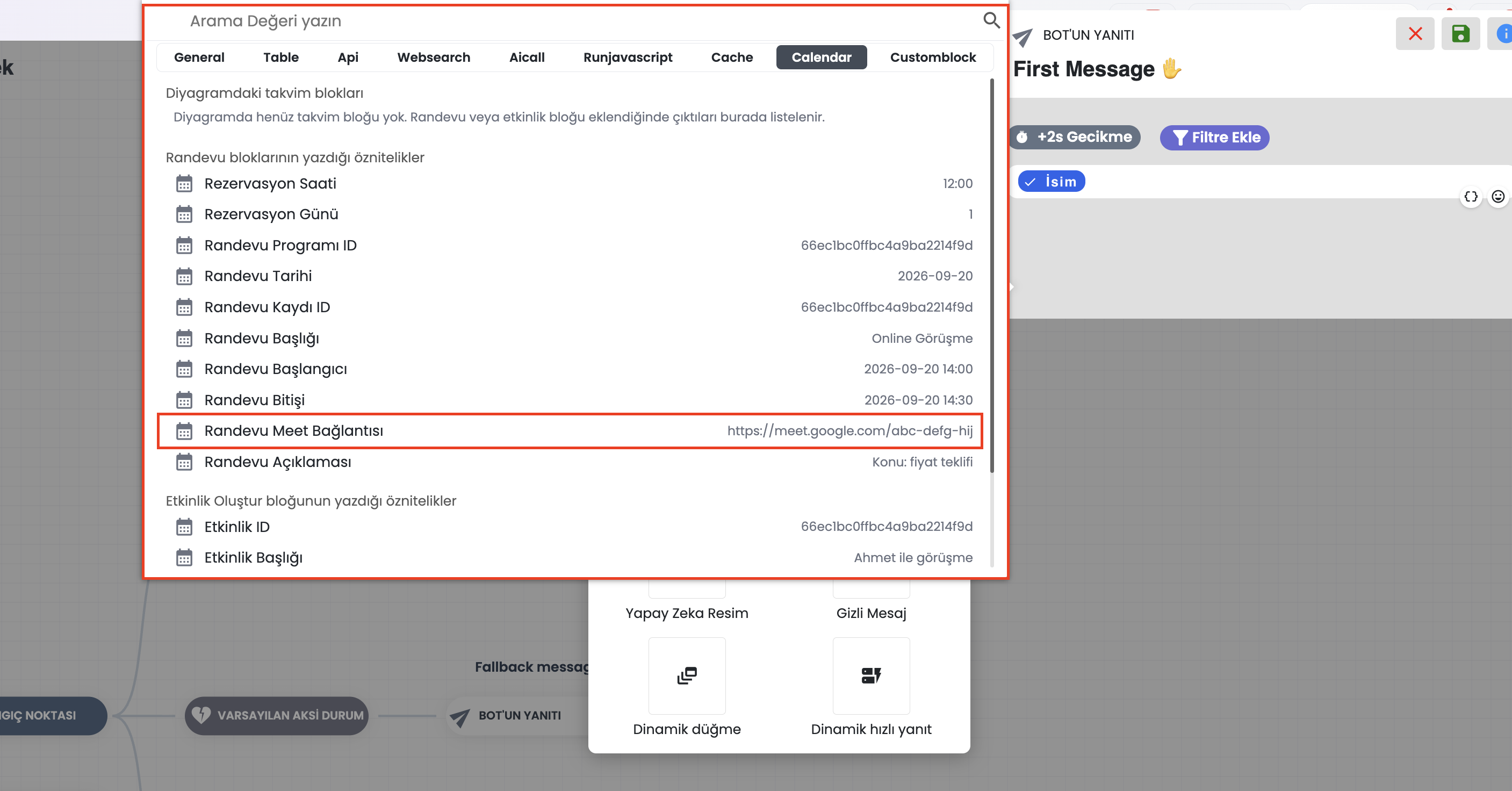 Chatbot Takvim Etkinlik Bloğu ve Google Meet Anahtarı