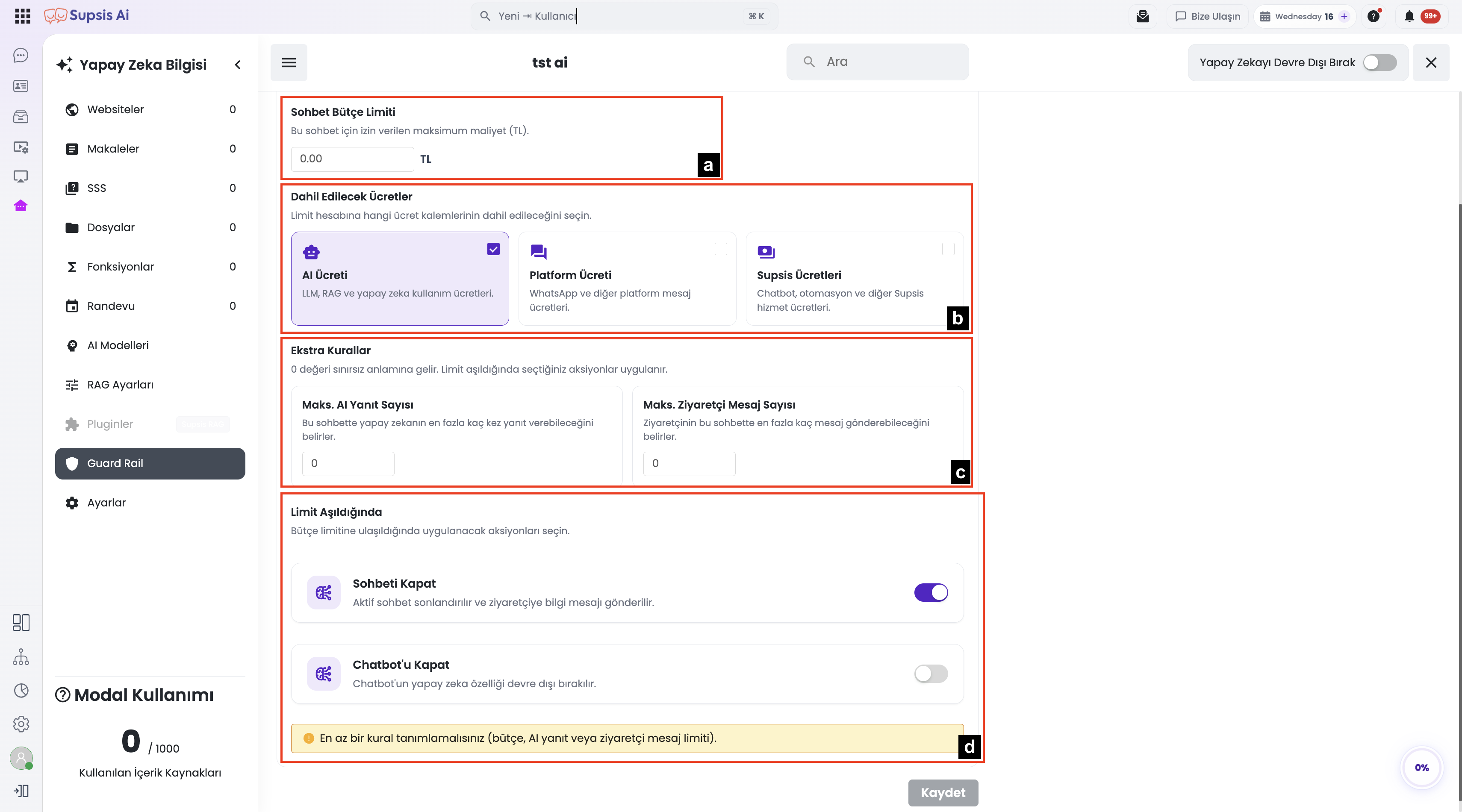 Chatbot Guard Rail Rules and Limit Fields