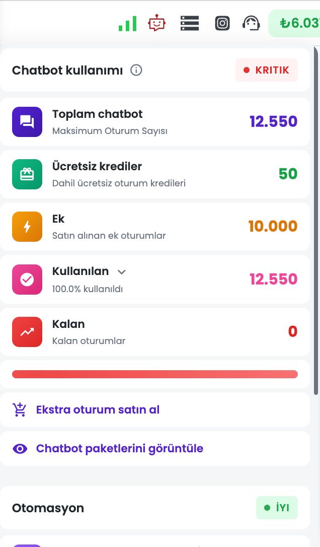 Sol menü — Chatbot oturum limiti göstergesi