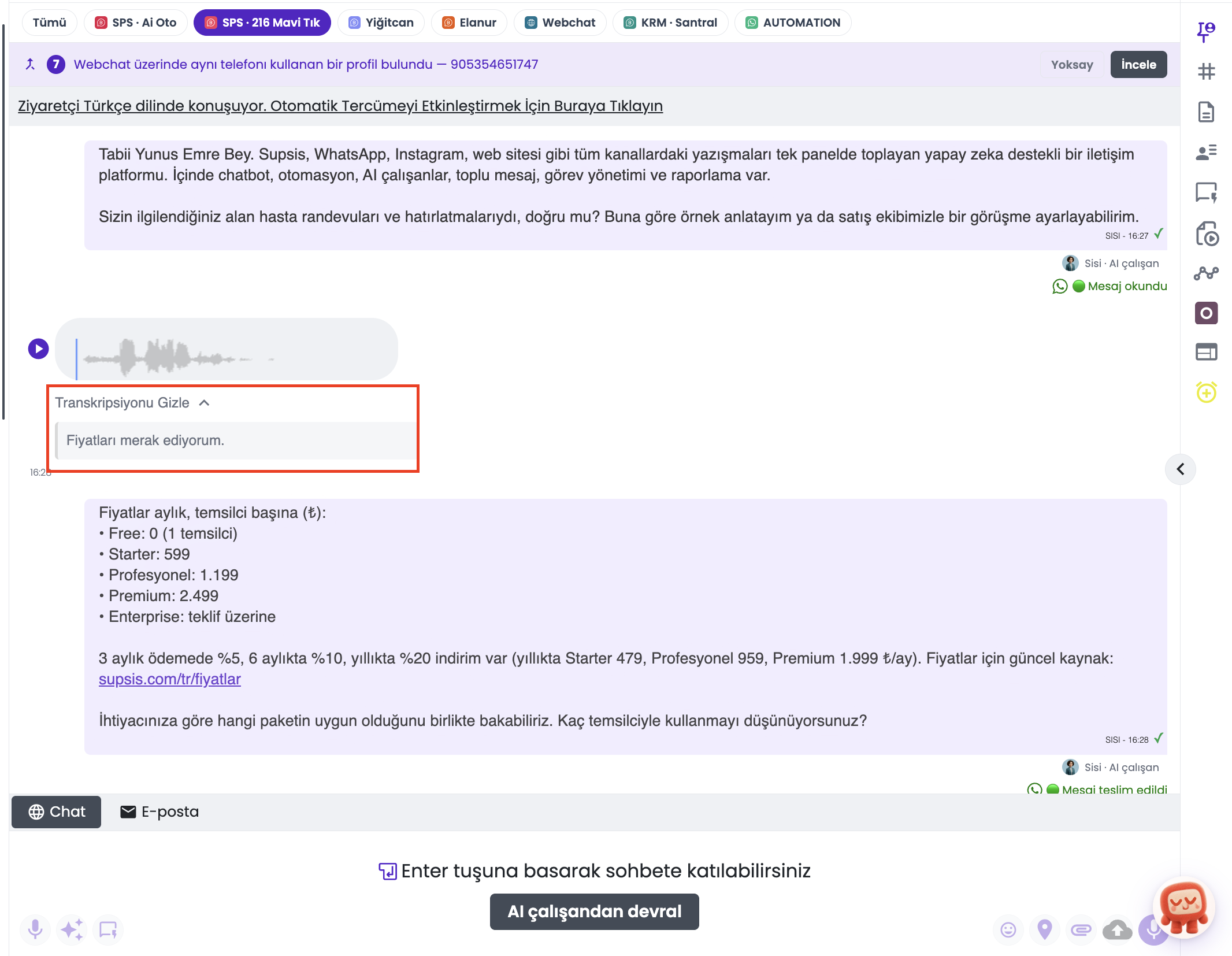 WhatsApp ses mesajı — transkript ve AI çalışan yanıtı