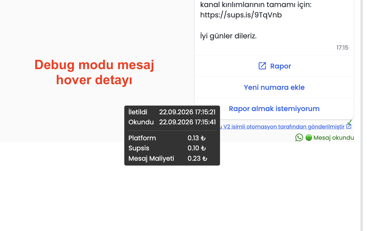 Debug Modunda Mesaj Üzerine Hover Yapıldığında Görünen Maliyet Tooltip'i