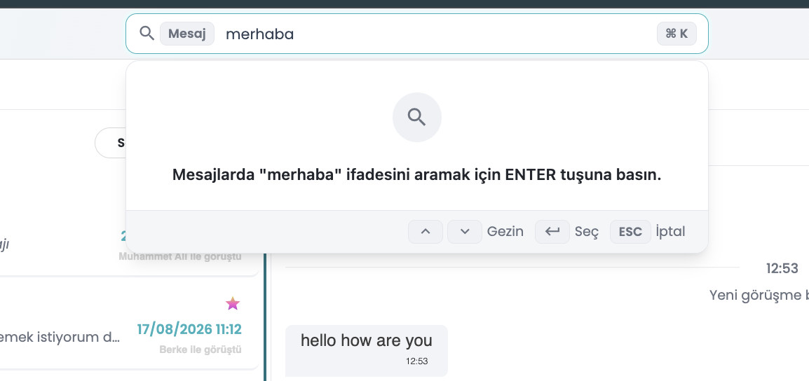 Tüm Sohbetler Genelinde Mesaj Arama Sonuç Listesi Modalı