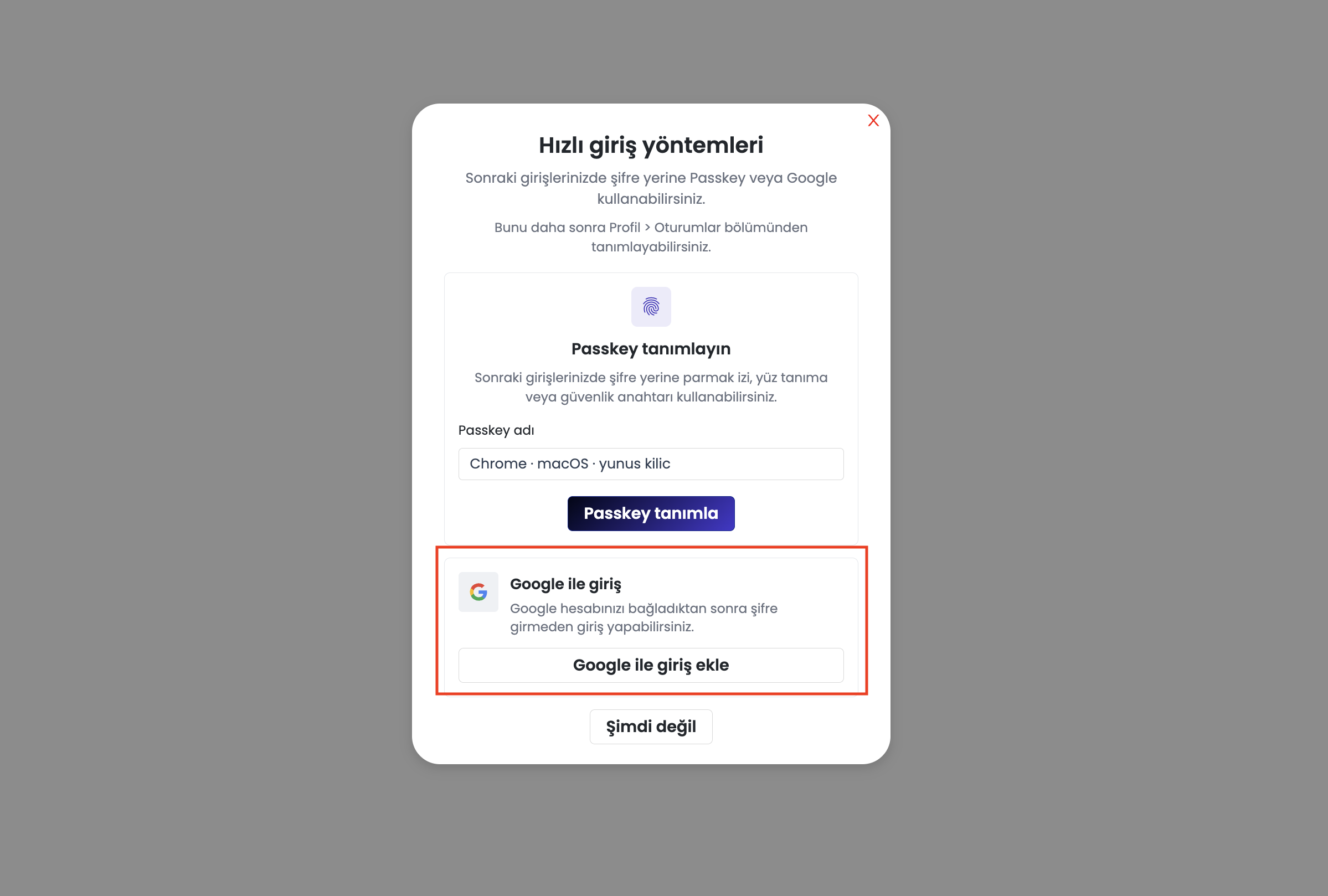 Hızlı giriş modalı — Google ile giriş ekle