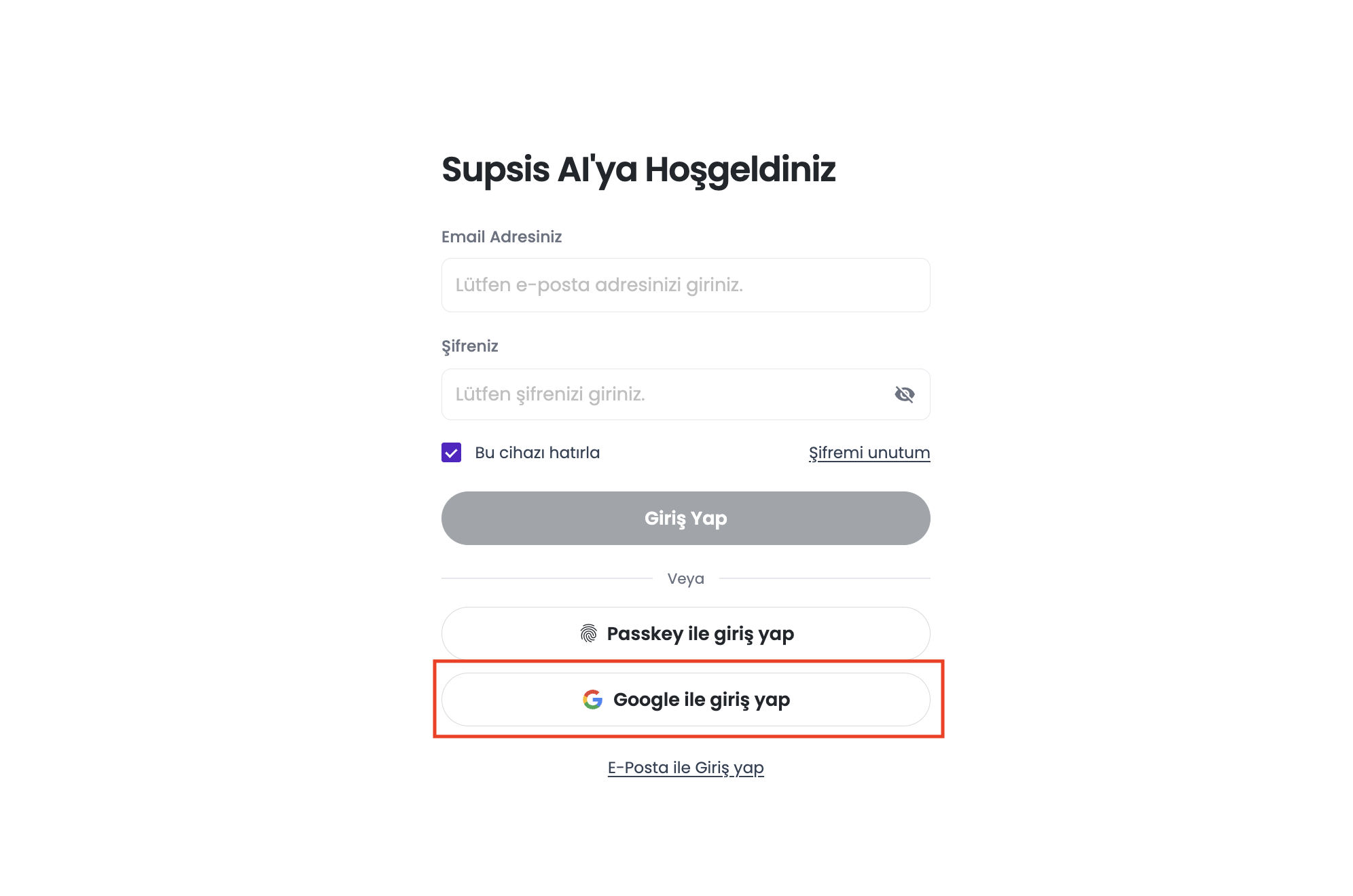 Login ekranı — Google ile giriş yap butonu