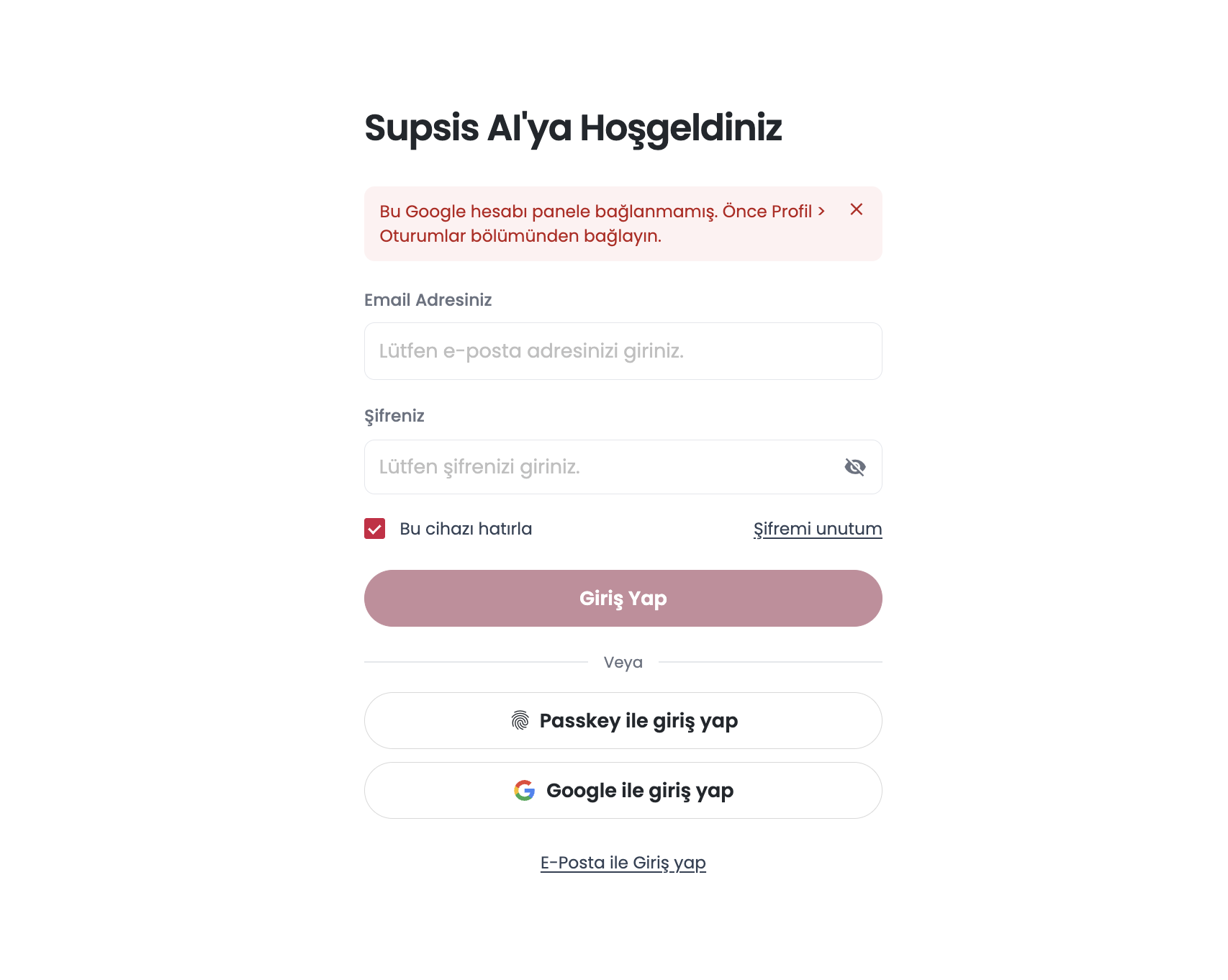 Google ile giriş — hesap panele bağlı değil hata mesajı
