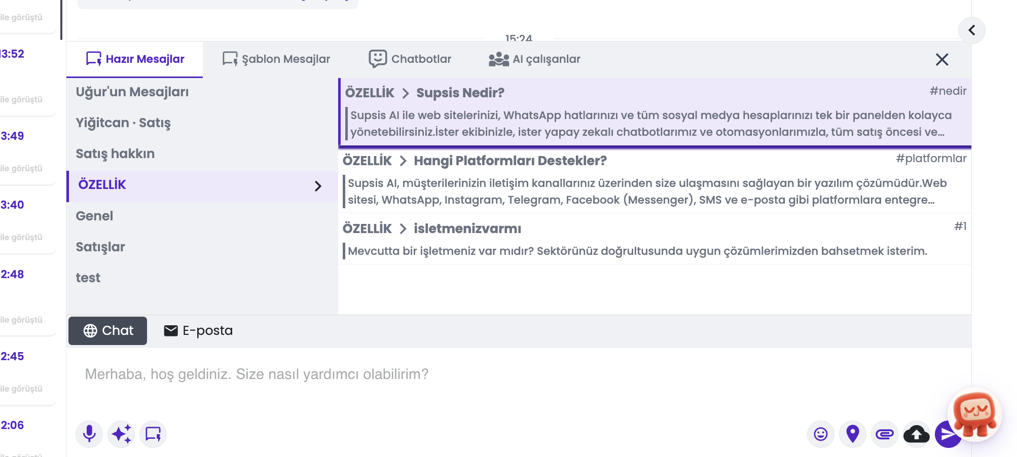 Canlı sohbet — hazır içerik gönderim ve önizleme alanı