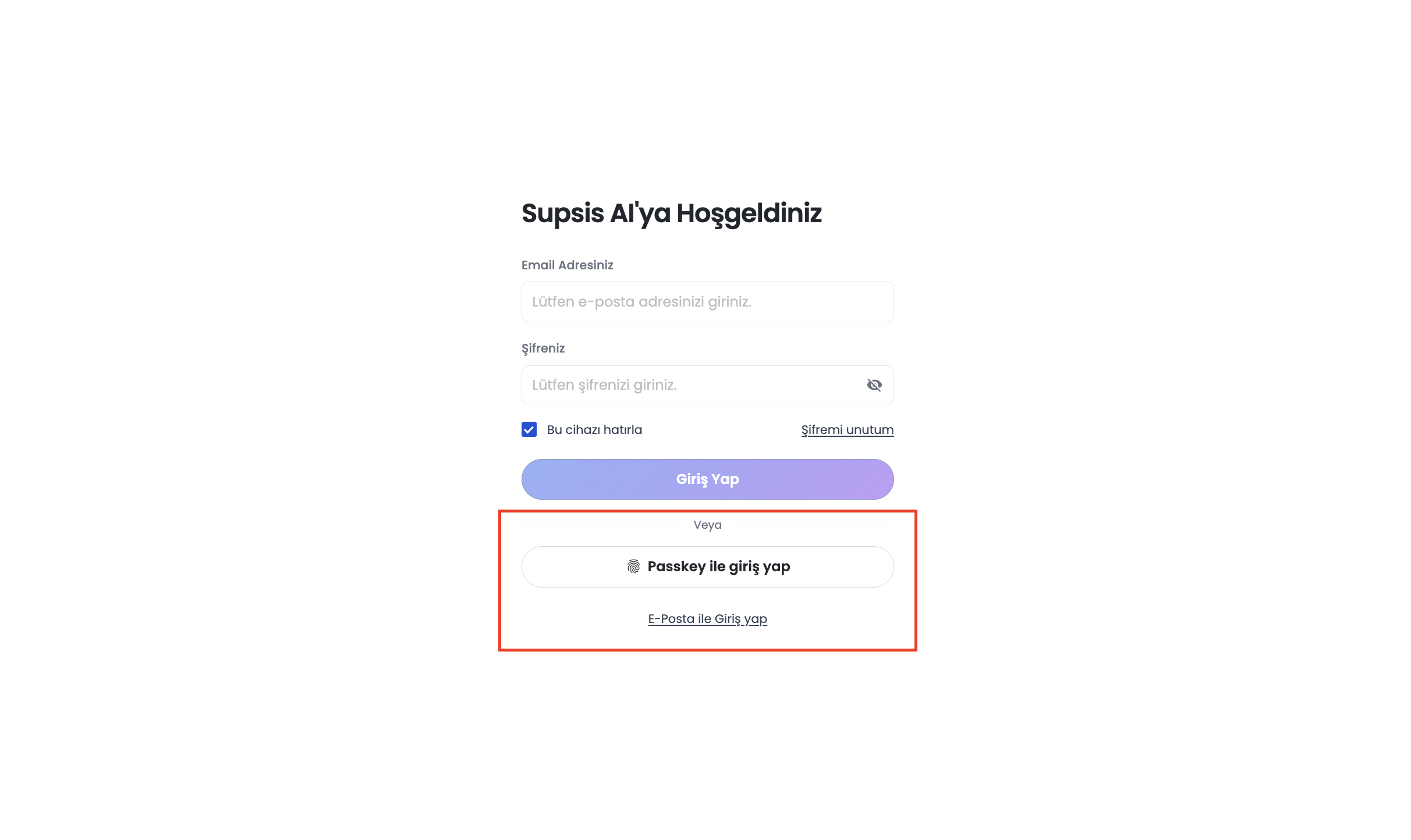 Customer Panel Login Ekranı Passkey ile Giriş Butonu