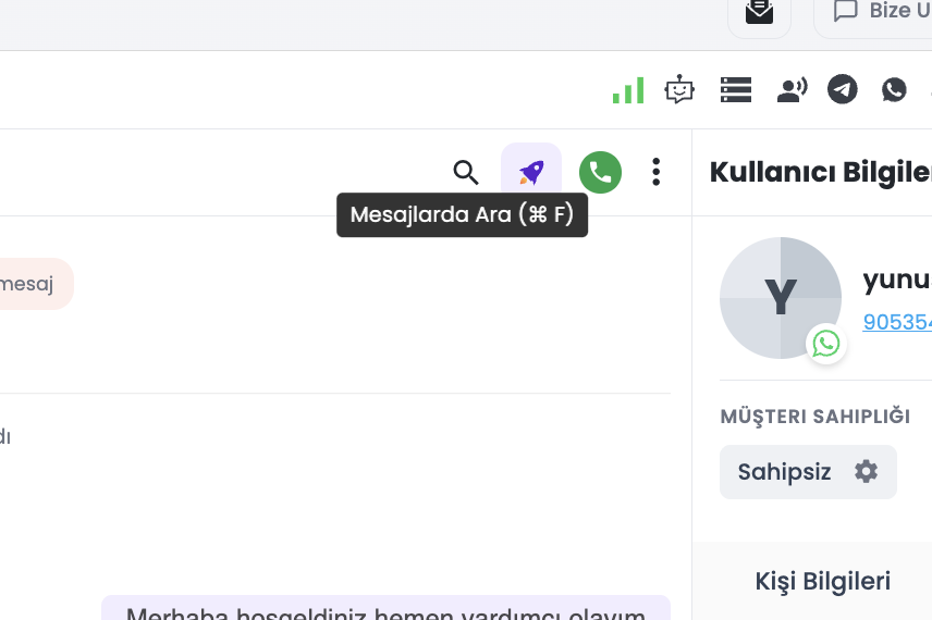 Sohbet Üst Barı - Büyüteç İkonu ve Mesajlarda Ara Kısayolu