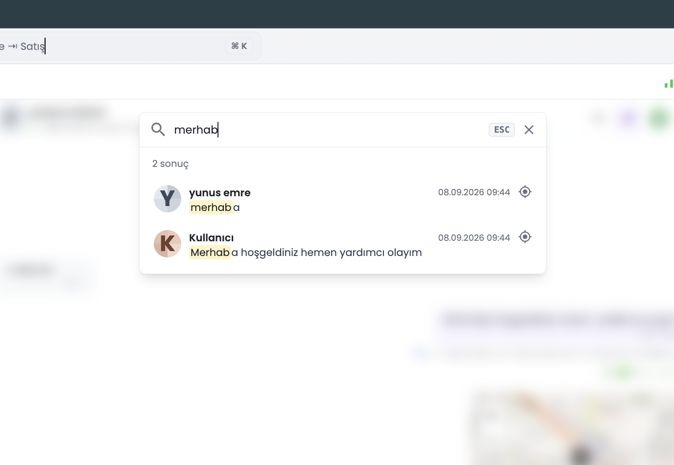 Blurlu Mesaj Arama Overlay'i ve Eşleşen Sonuç Listesi
