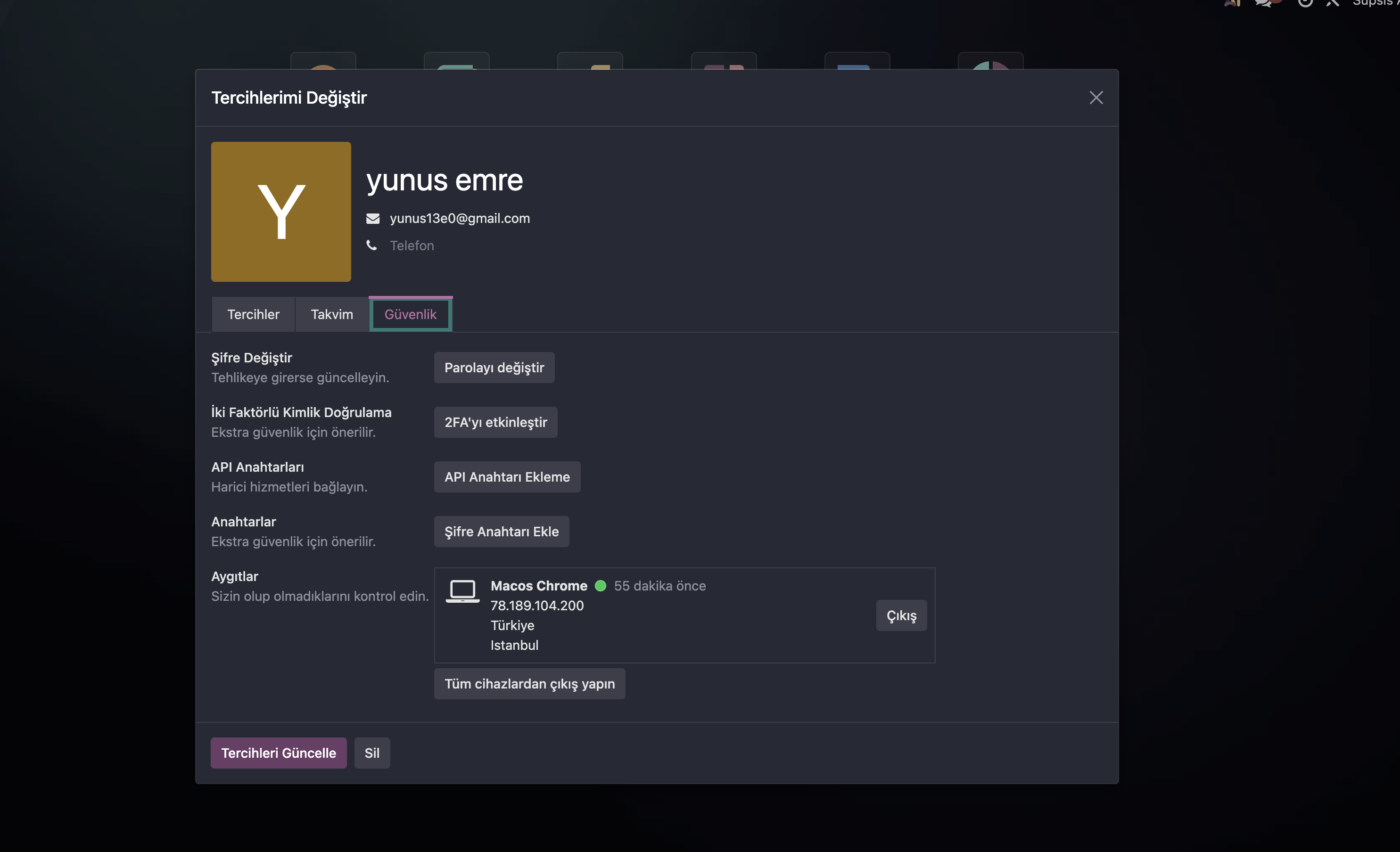 Odoo Account Security API Key Oluşturma Ekranı