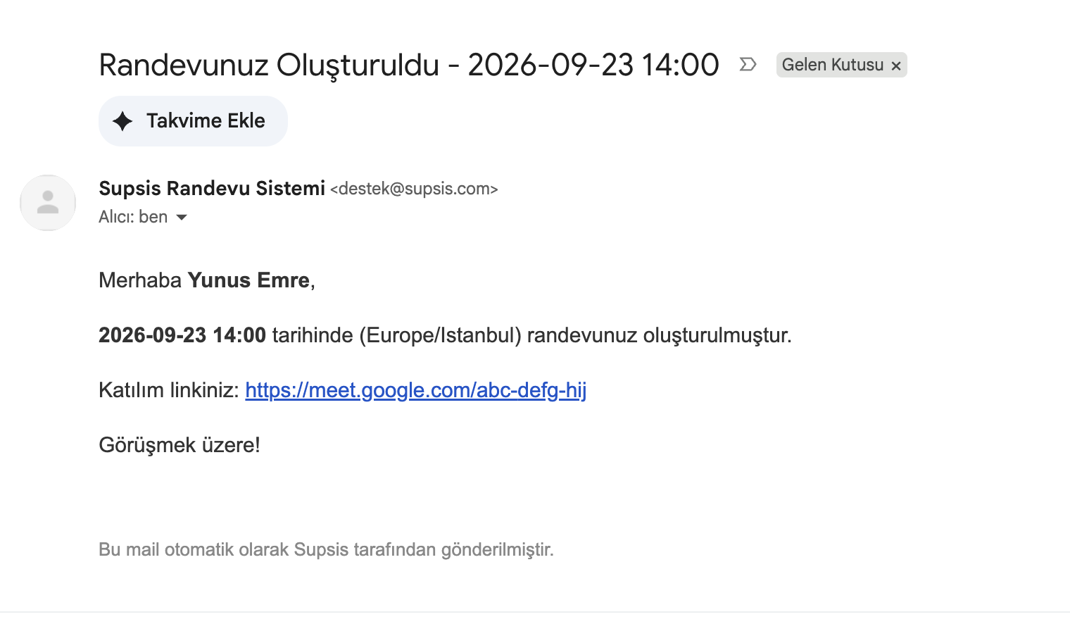Örnek Müşteri Randevu Onay Maili ve Google Meet Daveti