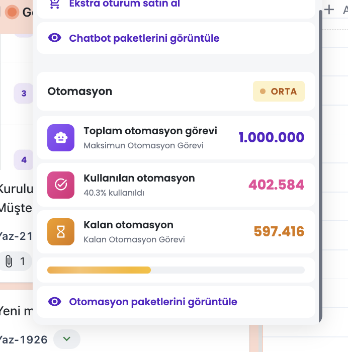 Sol menü — Otomasyon oturum limiti göstergesi