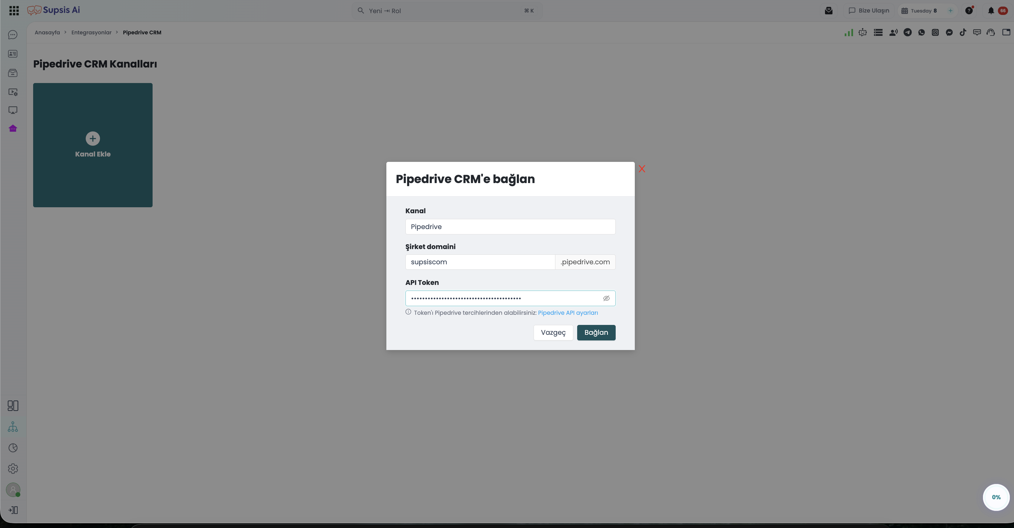 Supsis Pipedrive Kanal Oluşturma Modalı (API Token ve Domain Girişi)