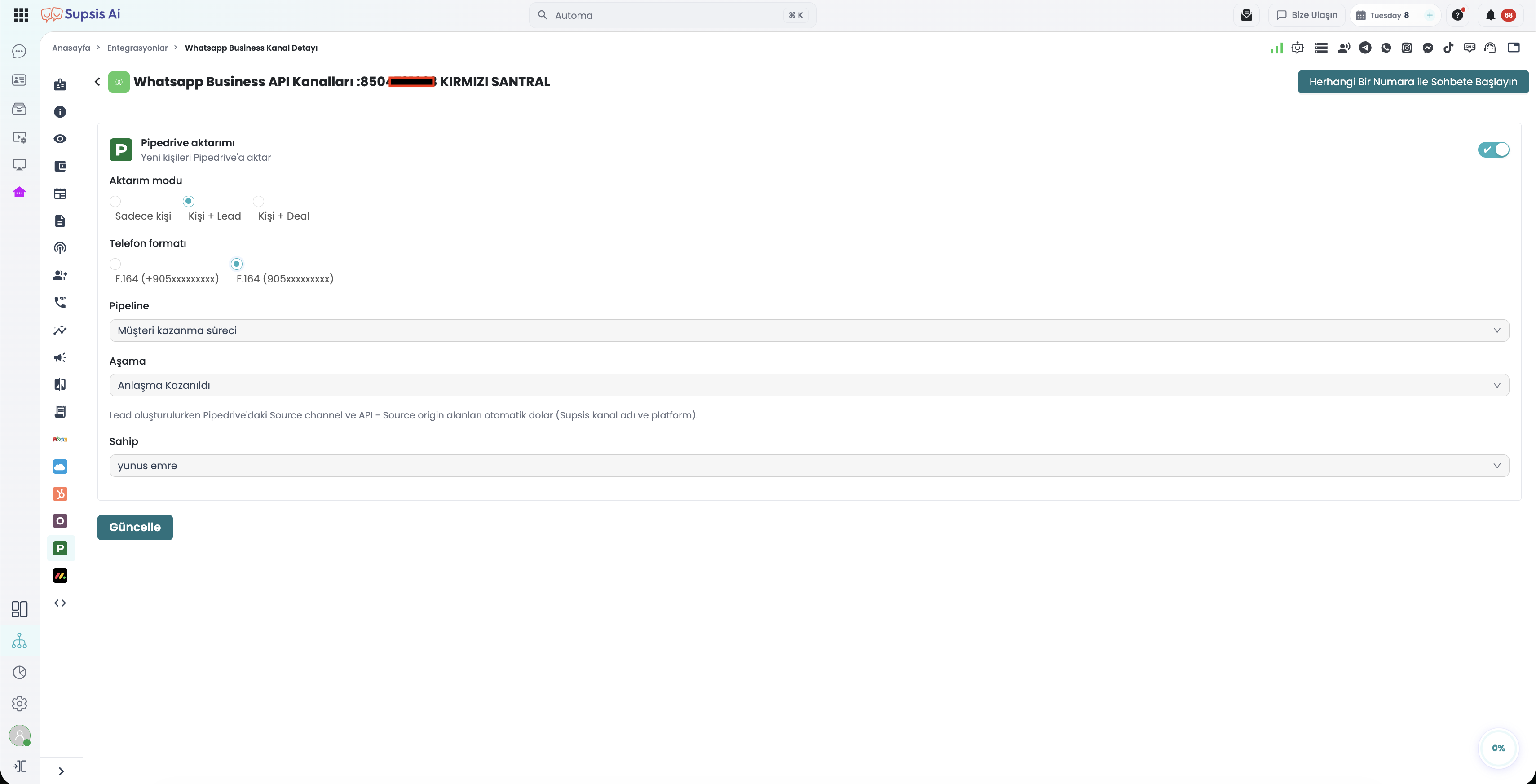 Mesajlaşma Kanalında Pipedrive Aktarımı ve Alan Seçimleri