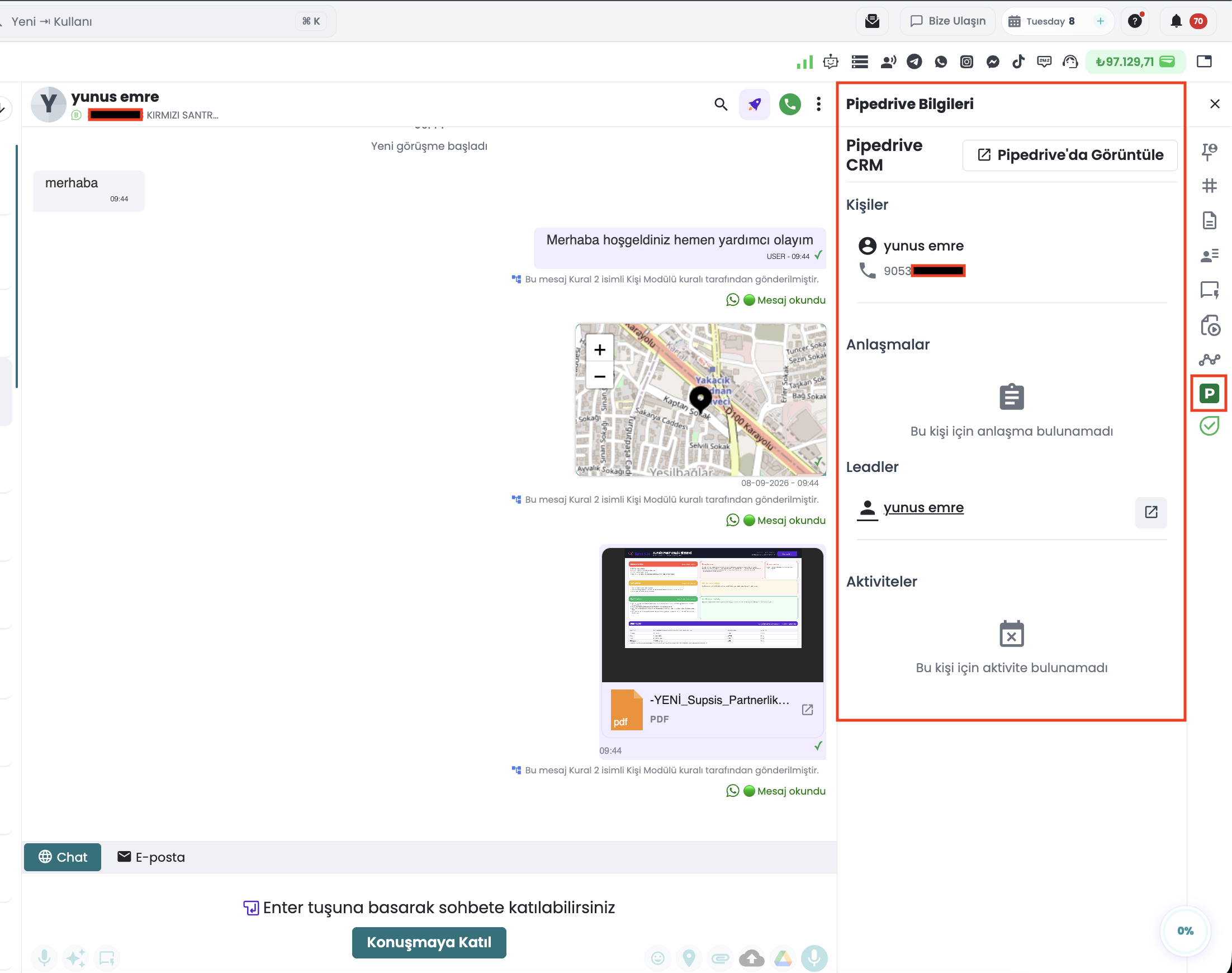 Sohbet Ekranı Sağ Panel - Pipedrive Bilgileri Sekmesi ve CRM Görünümü