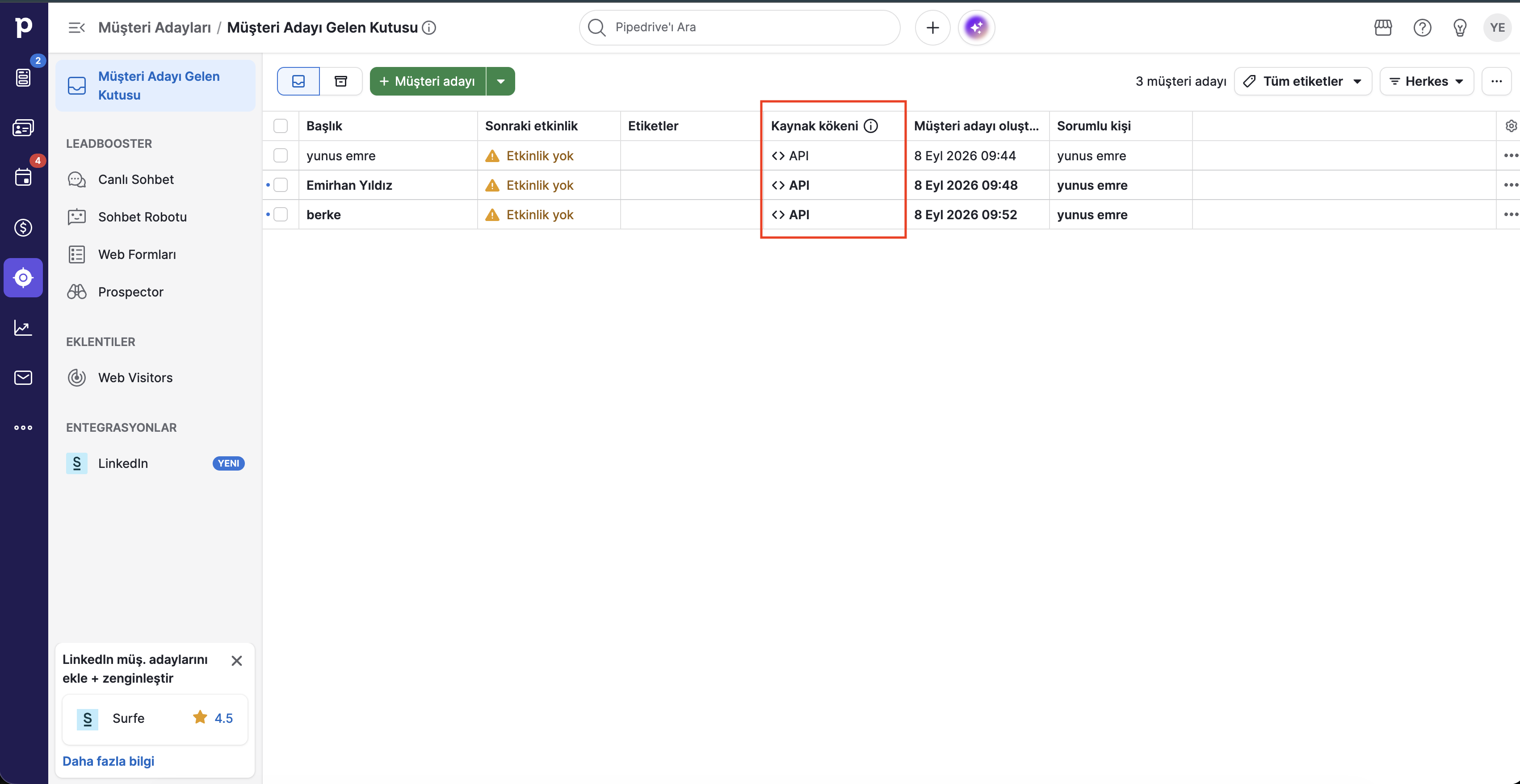 Pipedrive İçinde Supsis Entegrasyonuyla Oluşan Müşteri Adayı Listesi