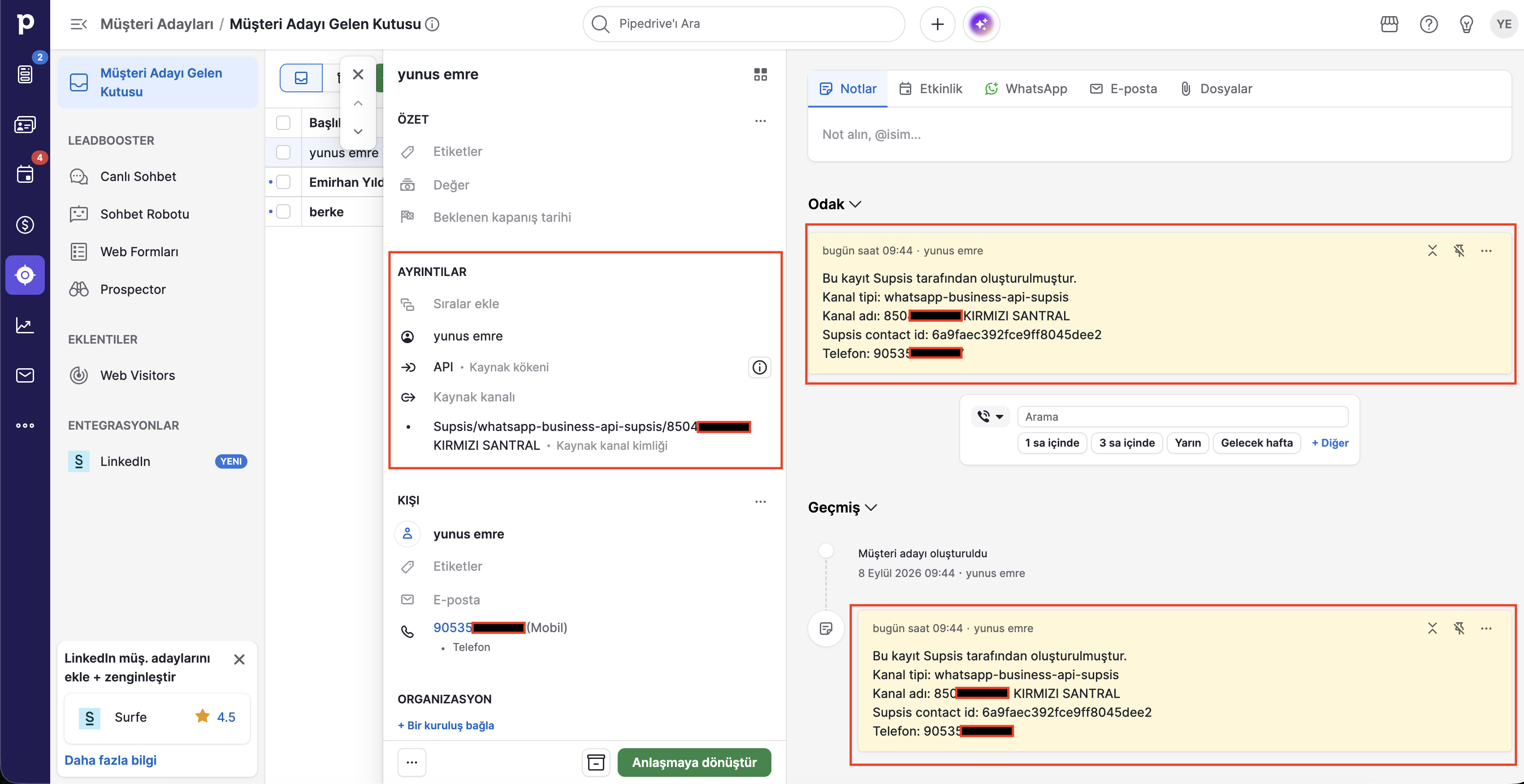 Pipedrive Lead Detay Çekmecesi - Supsis API Kaynak ve Kanal Bilgileri