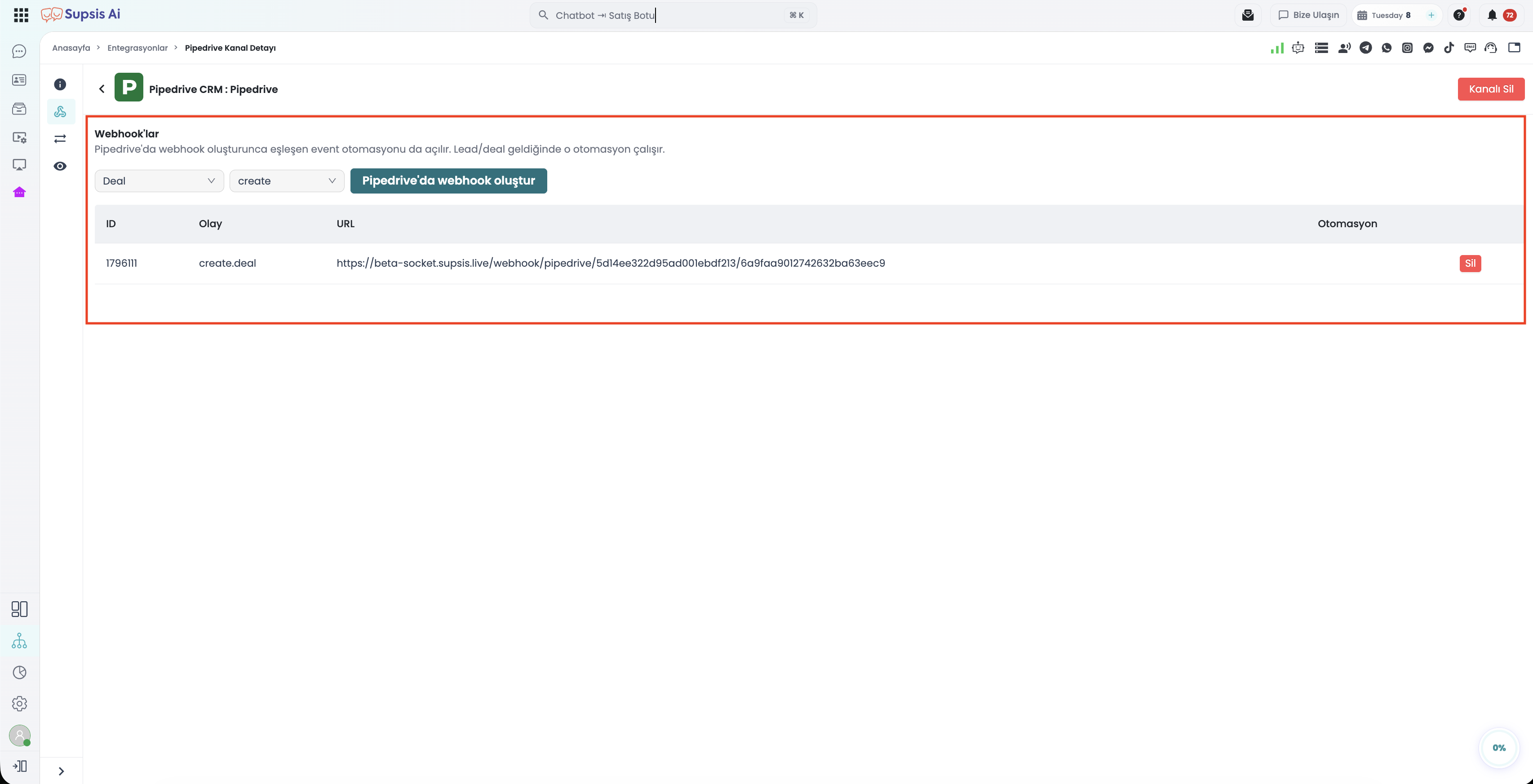 Supsis Pipedrive Kanal Detayı - Webhook Oluşturma ve Yönetim Ekranı