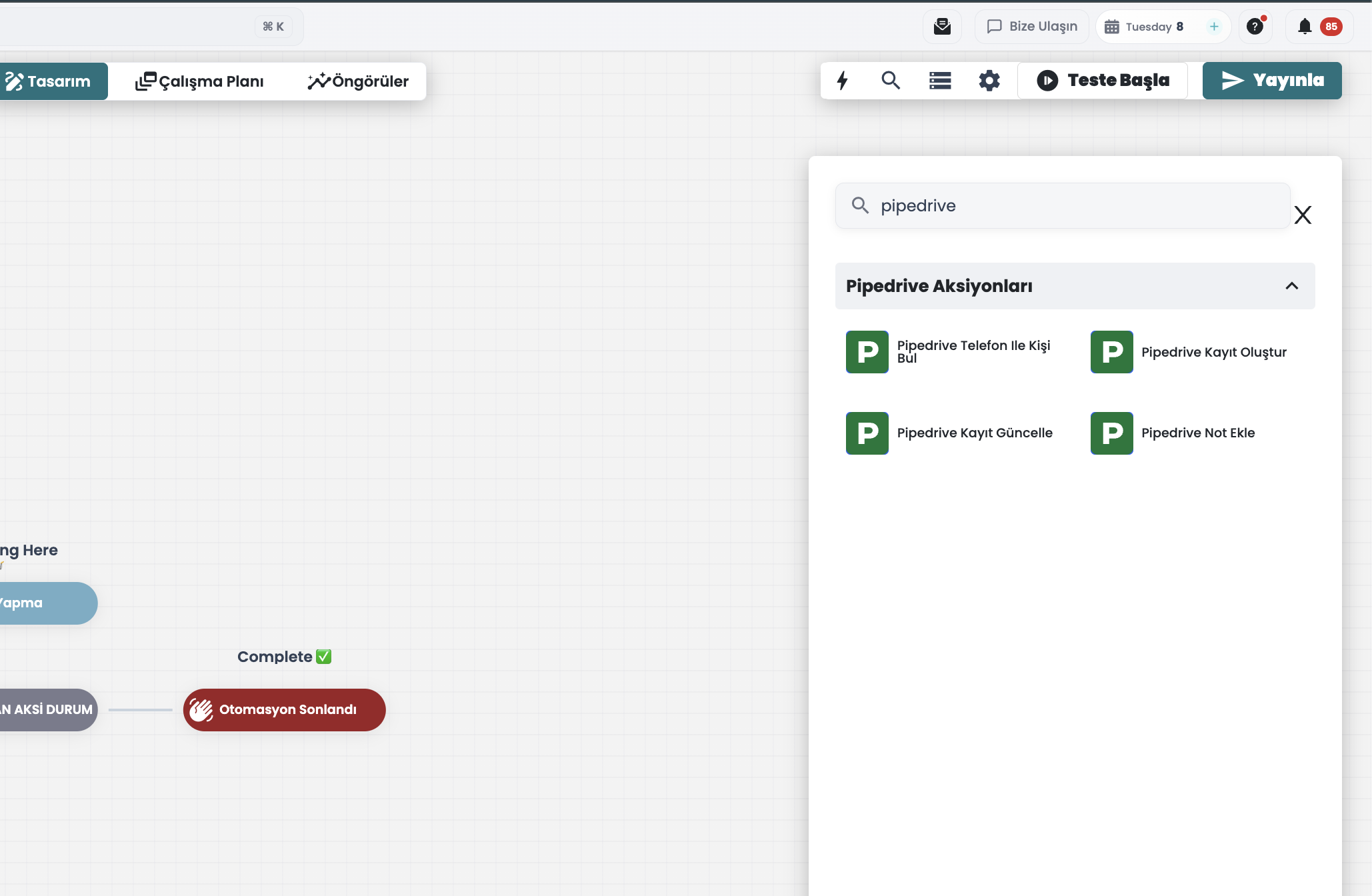 Supsis Otomasyon Ekranı - Pipedrive Aksiyon Blokları