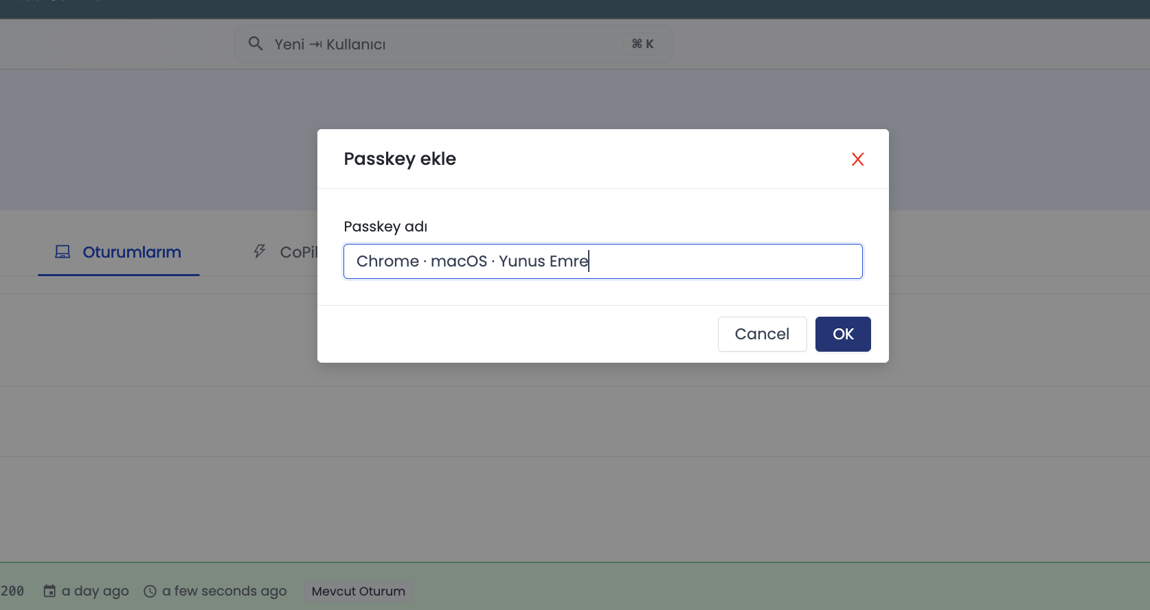 Passkey Ekle Modalı ve İsimlendirme