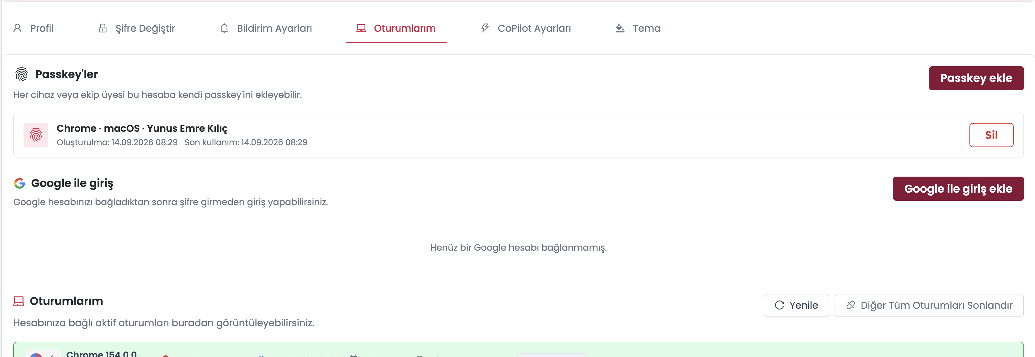 Profil Oturumlar — Google bağlı değil, Google ile giriş ekle
