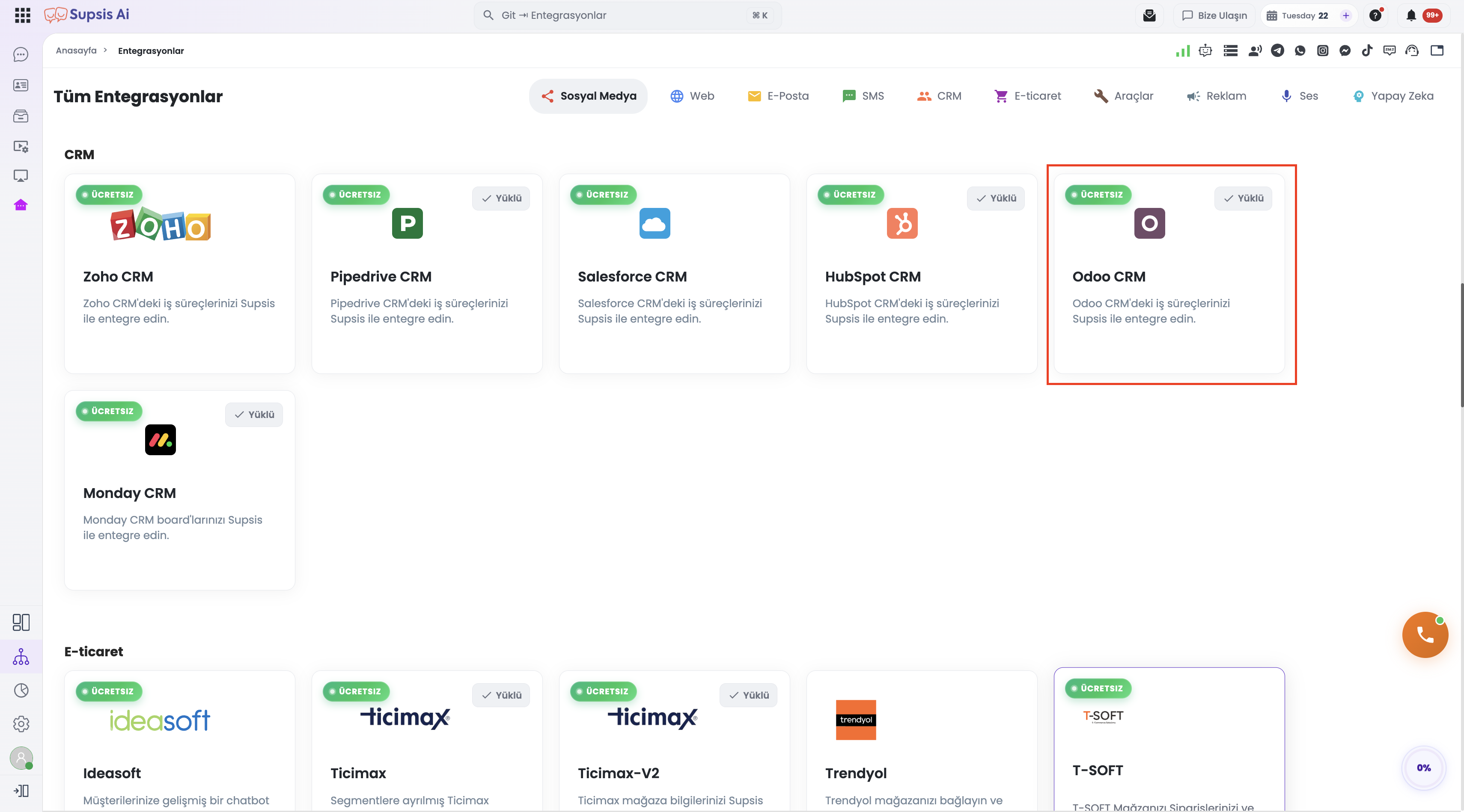 Supsis Odoo Entegrasyon Kartı
