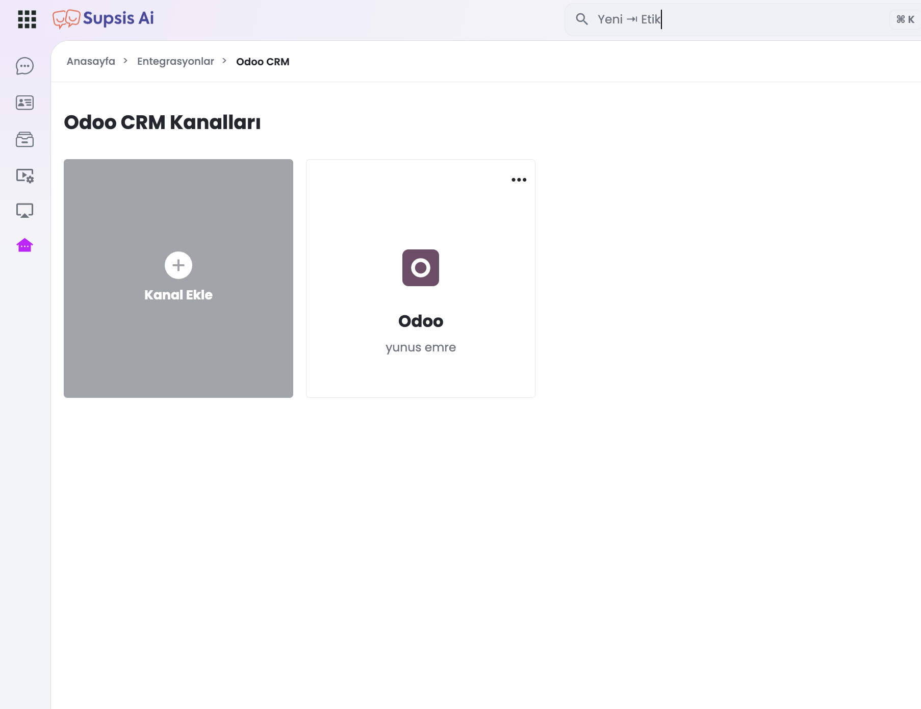 Supsis Odoo Kanal Listesi Ekranı