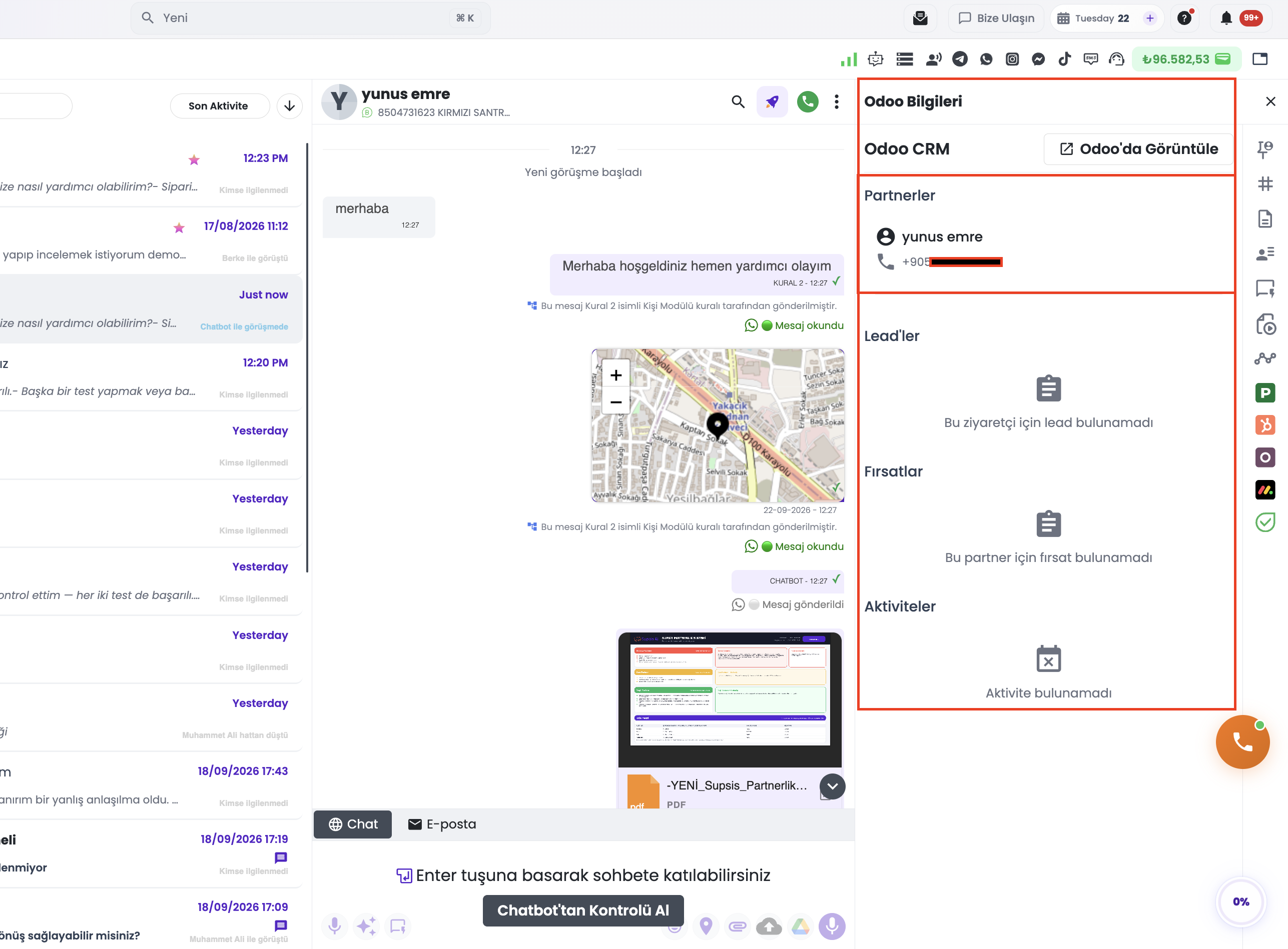 Supsis Sohbet Ekranında Kişinin Odoo Kaydı