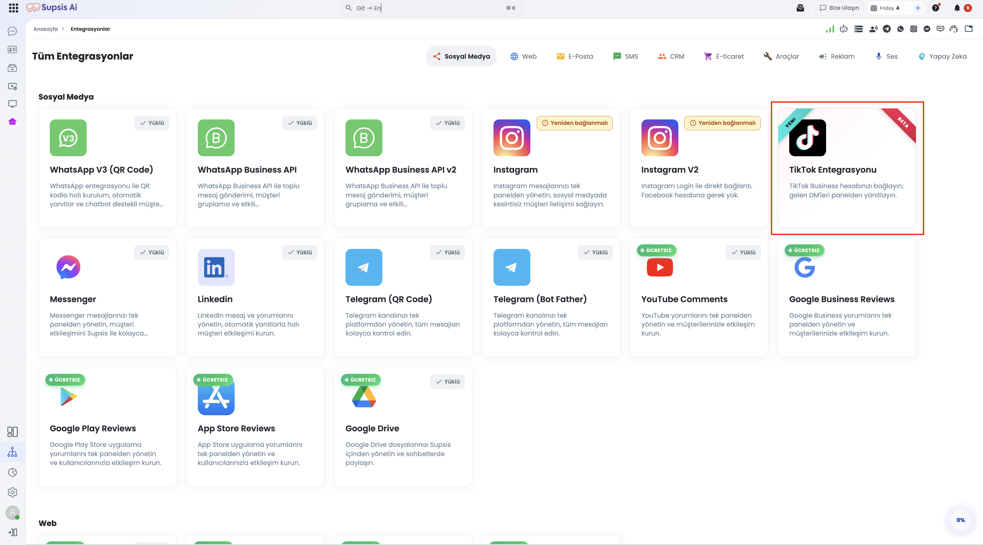 Entegrasyonlar Menüsünde TikTok Entegrasyonu Kartı