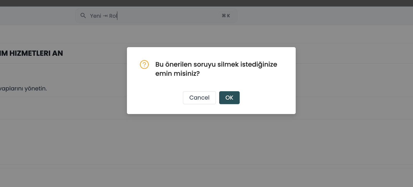 Önerilen Soruyu Silme Onay Penceresi