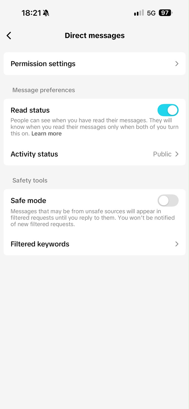 TikTok Mobil Uygulamasında Direkt Mesaj Ayarları Ekranı