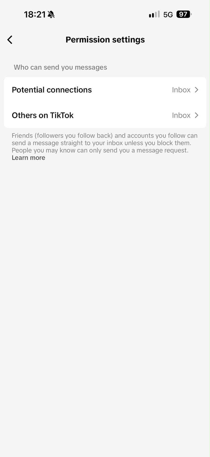 TikTok Mesaj İzin Ayarları (Permission Settings) Ekranı - Herkesten Mesaj Alma