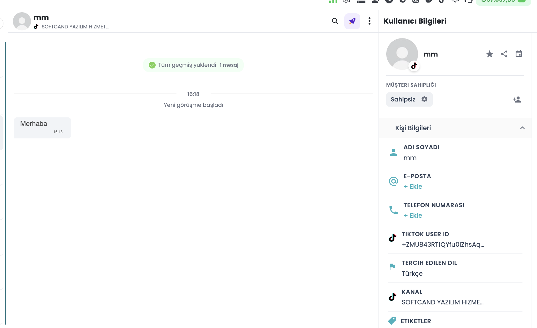 Sohbet Ekranında TikTok Kanal İkonu ve Müşteri Profil Kartı