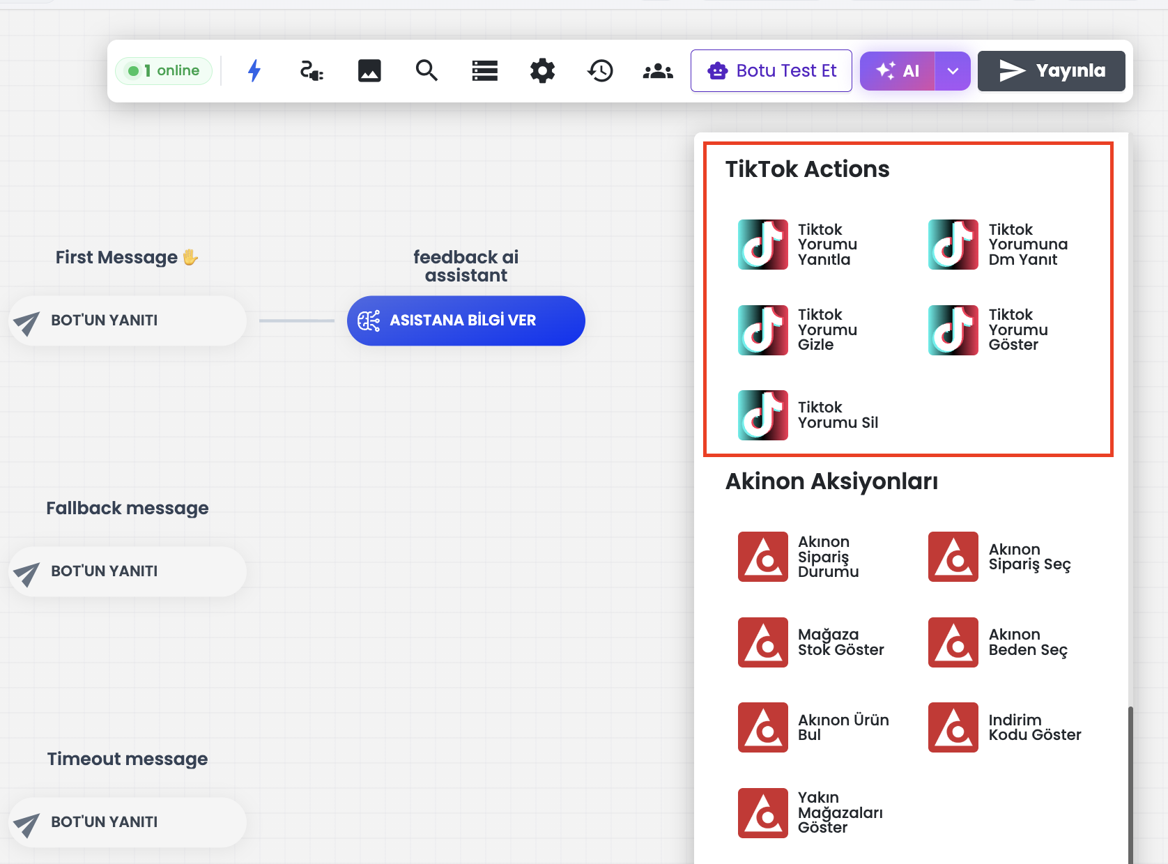 Chatbot akış tasarımcısı — TikTok Actions bloğu grubu (5 blok)