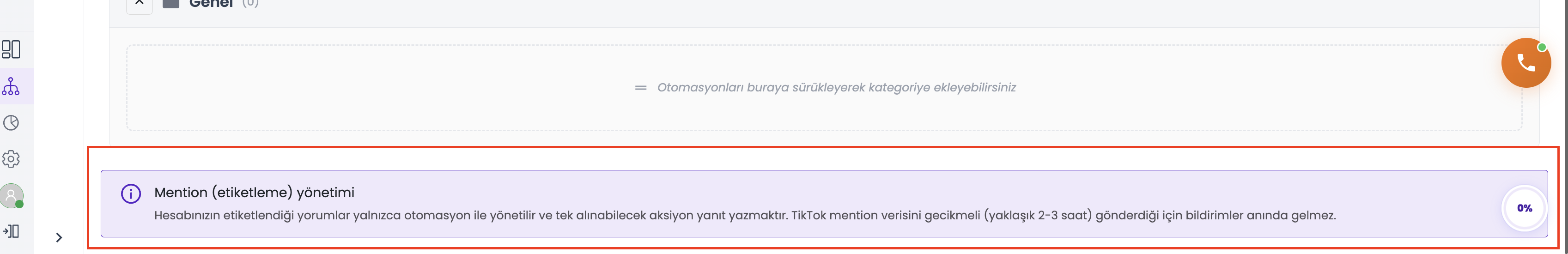 Yorum Yönetimi sekmesi — Mention yönetimi bilgi kutusu (gecikme ve yalnızca yanıt)