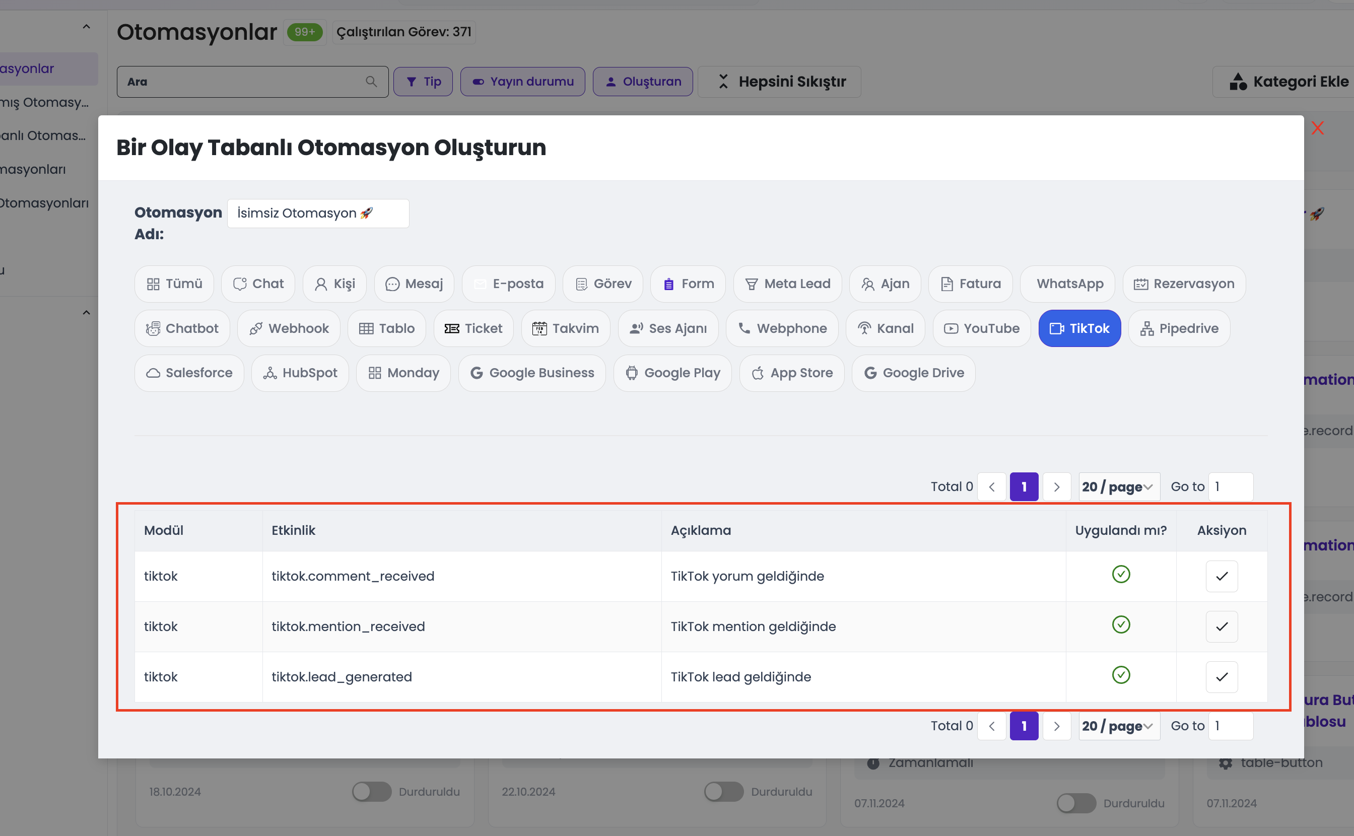 Otomasyon tetikleyici seçimi — TikTok yorum geldiğinde ve mention geldiğinde eventleri