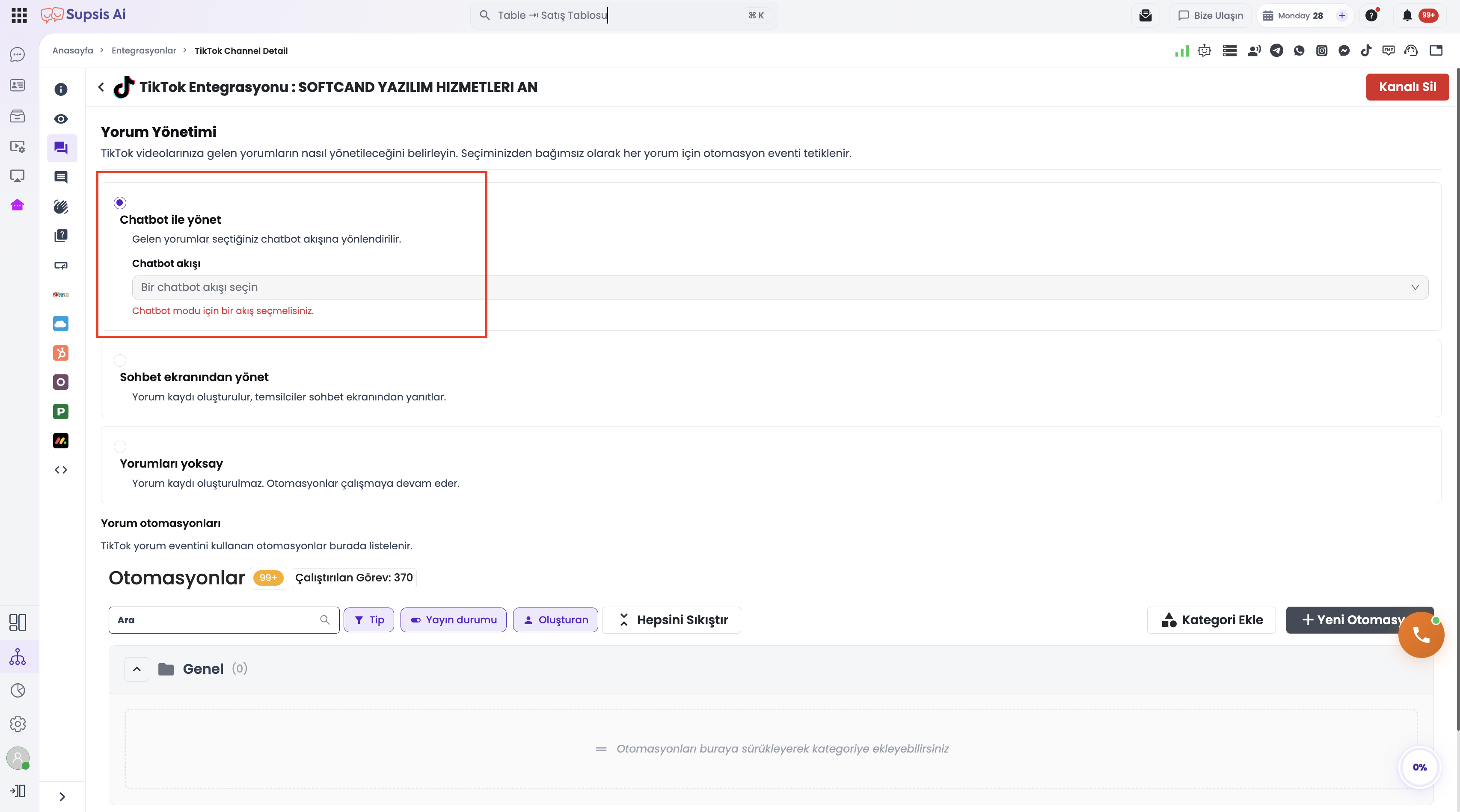 TikTok Yorum Yönetimi — Chatbot ile yönet seçili, chatbot akışı zorunluluk uyarısı