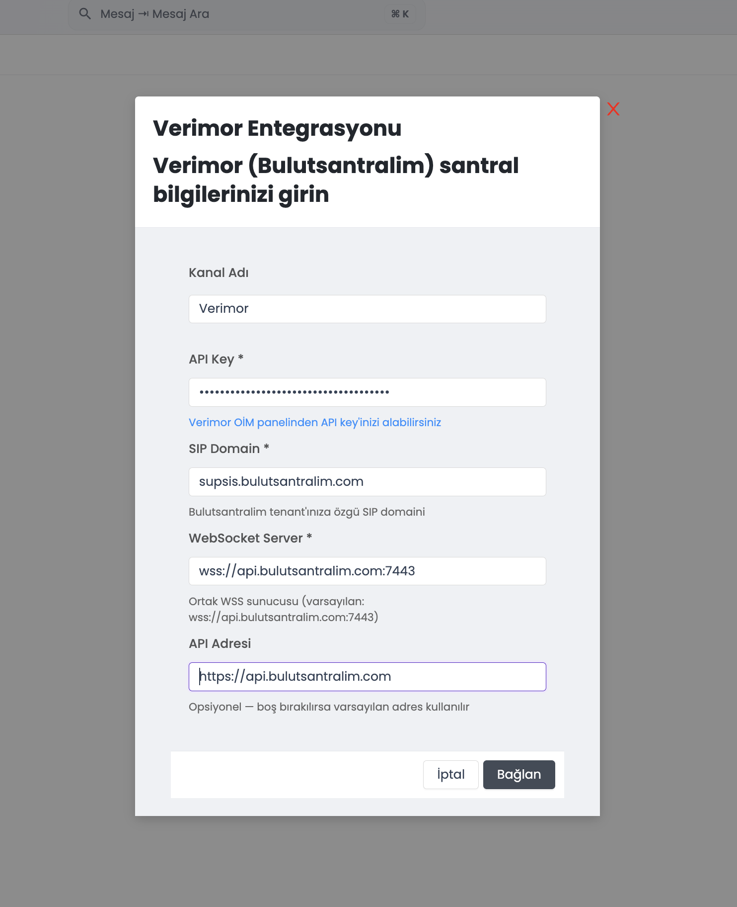 Verimor kanal oluşturma modalı — API Key, SIP Domain, WebSocket