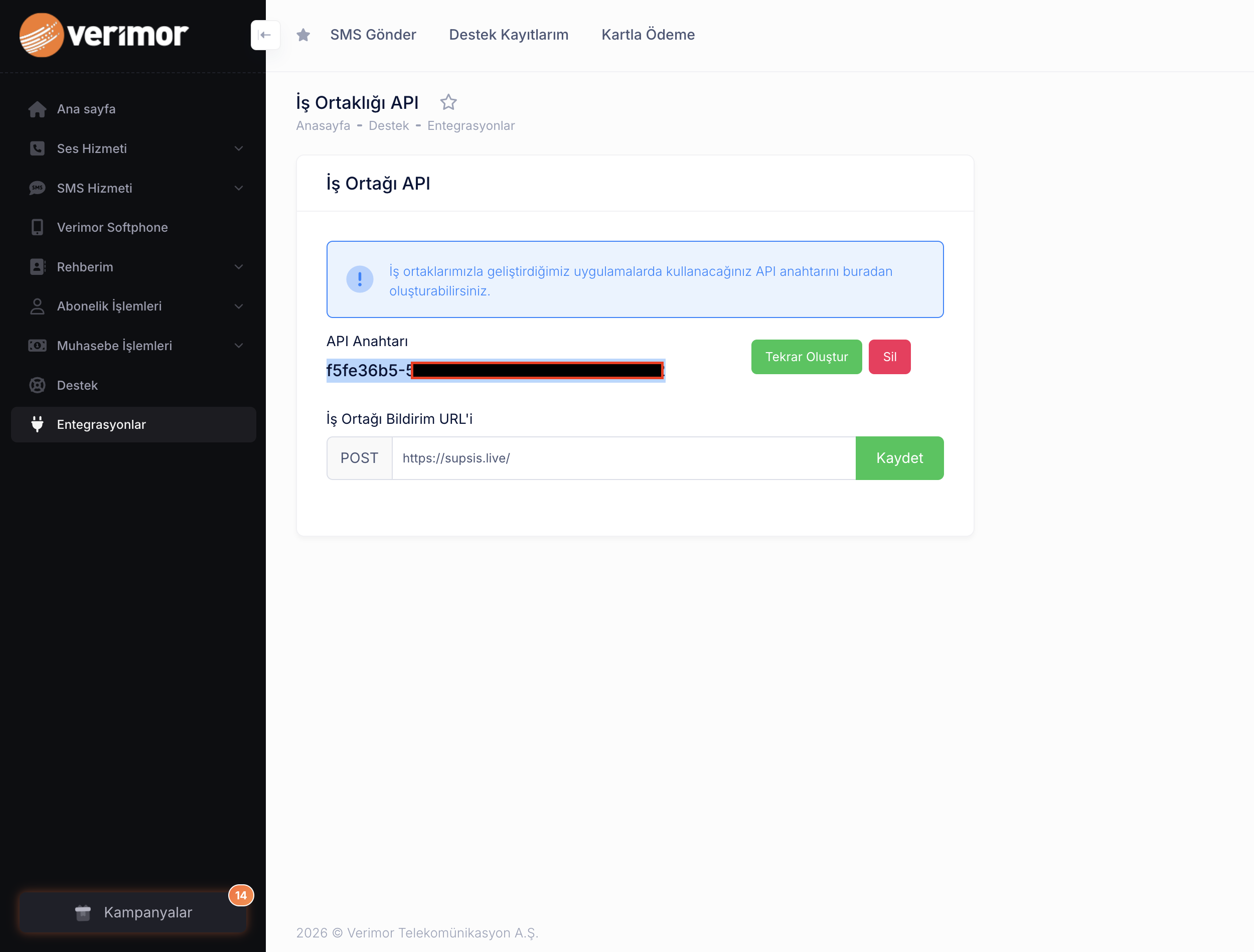 Verimor OİM — API Key alma