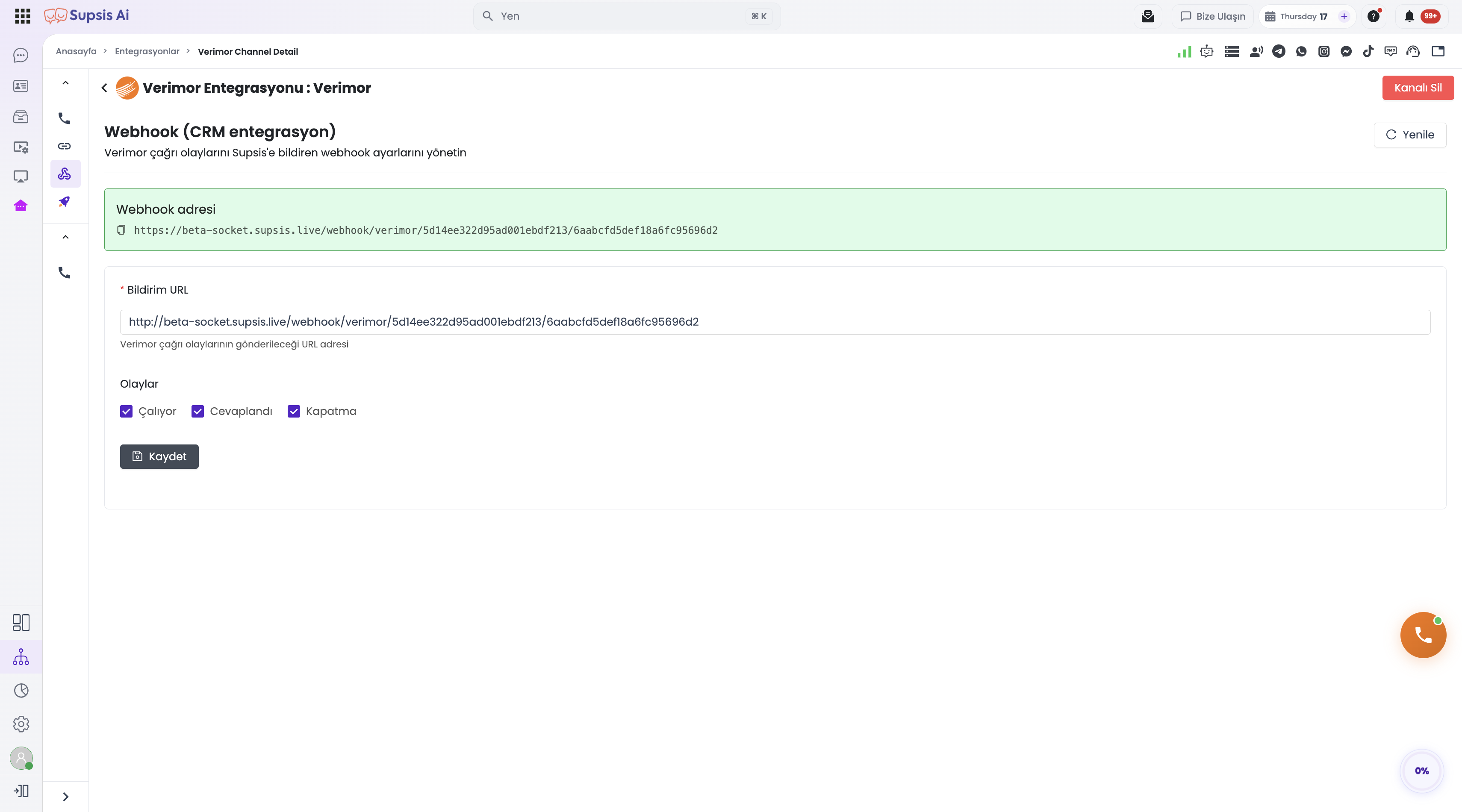 Webhook sekmesi — Bildirim URL ve olay seçimleri