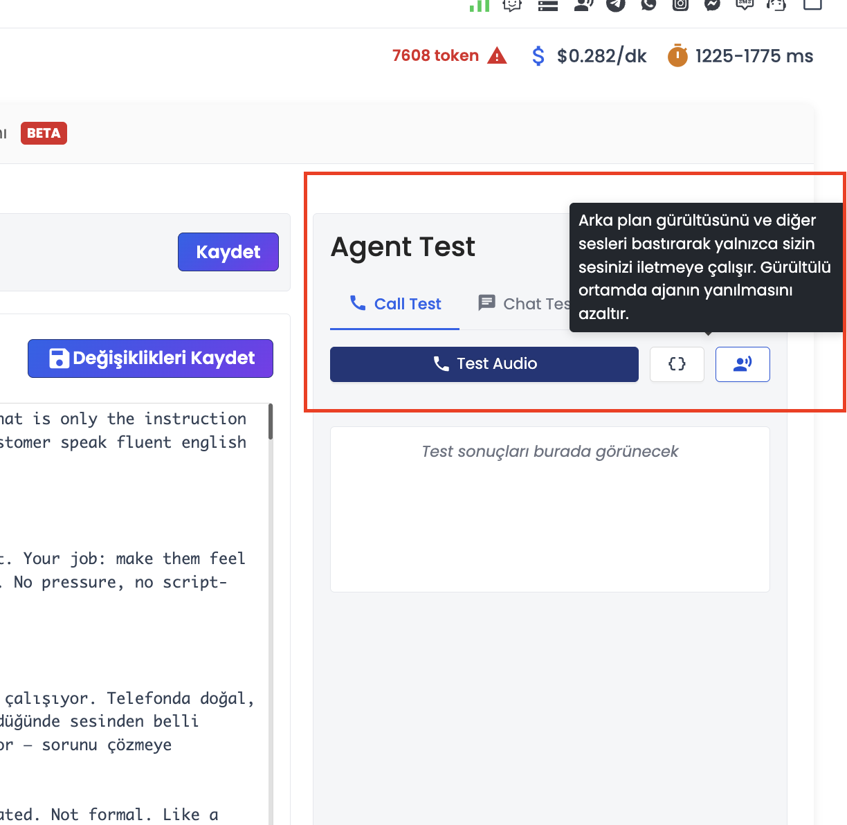 Arama Kapalıyken Ses İzolasyonu Butonu ve Tooltip Açıklaması
